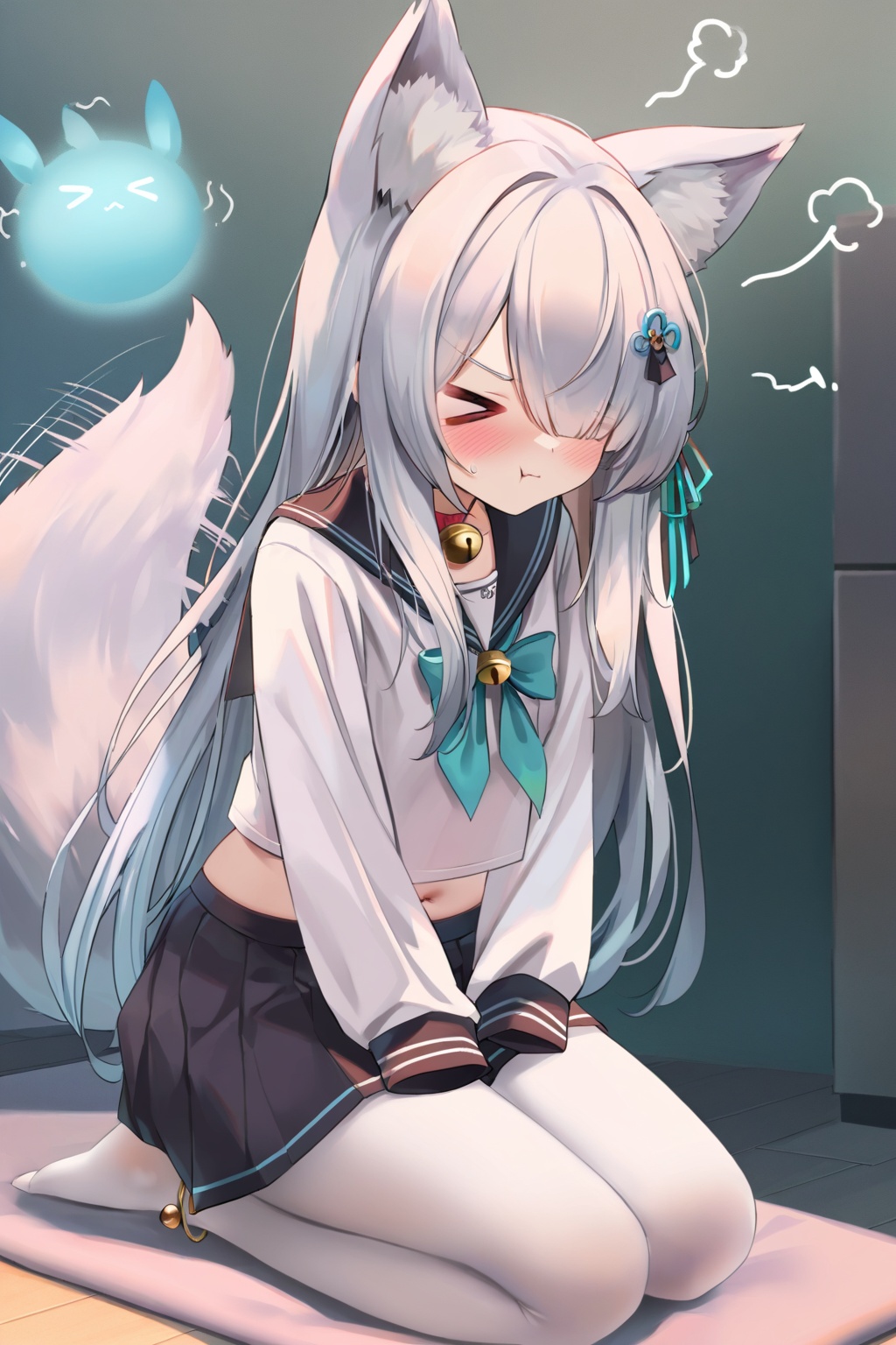 >_<,1girl,animal ears,school uniform,long hair,skirt,solo,closed eyes,sitting,hair over one eye,seiza,navel,sleeves past wrists,pleated skirt,black skirt,pantyhose,serafuku,white hair,midriff,white pantyhose,blush,long sleeves,grey hair,bow,hair ornament,sleeves past fingers,white shirt,bell,anklet,Pout,Wagging the Tail,no shoes,hair ornament,ribbon,