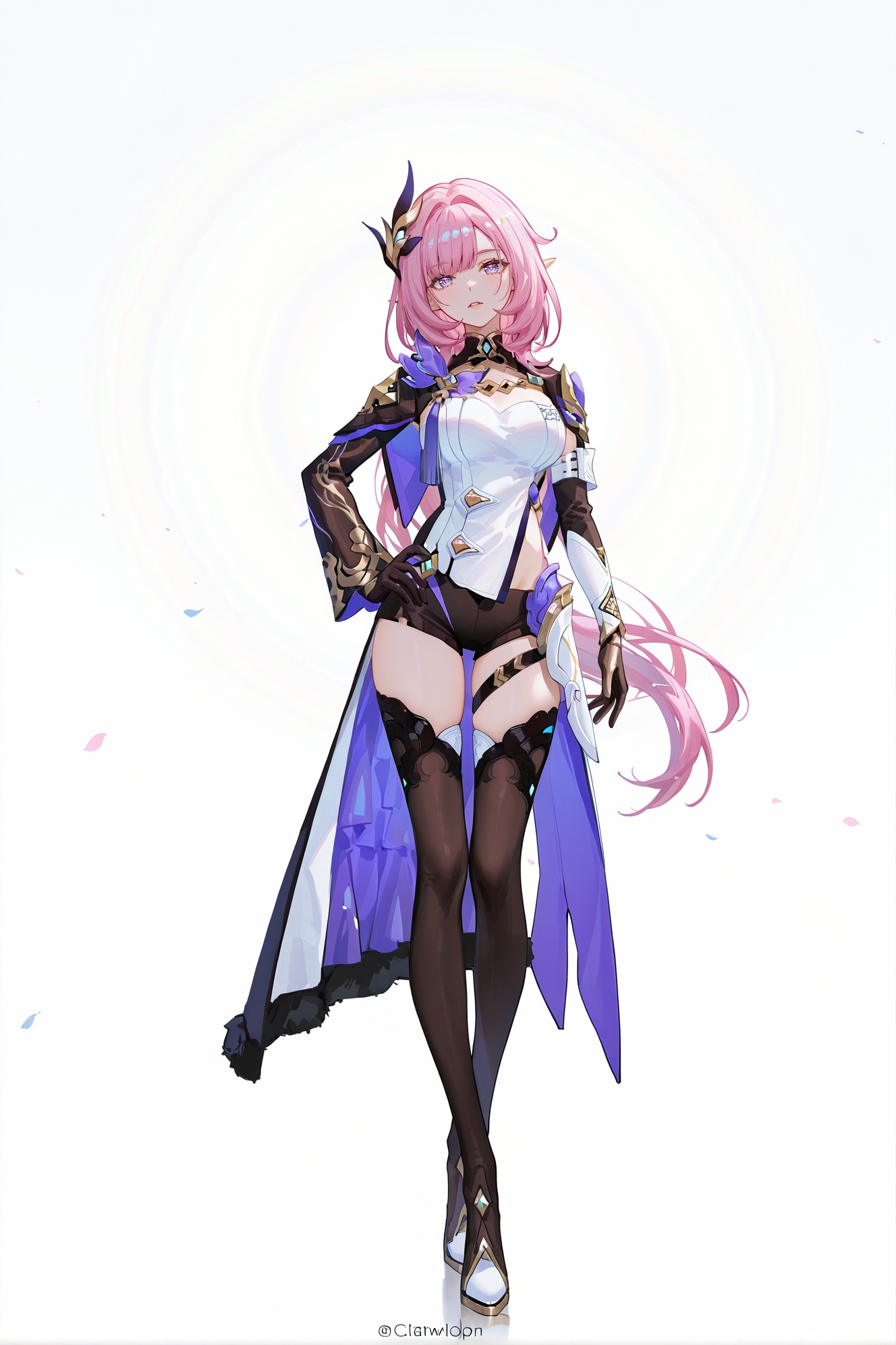 8k,best quality,masterpiece,(ultra-detailed),(high detailed skin),((artist:reoen),(artist:fuzichoco),(artist:atdan),(artist:torino_aqua),year 2024:0.8)1girl,[artist:wlop],[artist:ningen_mame],artist:ciloranko,[[artist:rhasta]],artist:tidsean,colorful,full body,full shot,standing,(solo:1.2),simple background,(white background:1.2),hand on own hip,(white background:1.1),looking at viewer,<lora:Elysia-ill-Tanger:0.9>,elysia \(honkai impact\), Elysiadef, clothes: Elysiadef black-and-white tailcoat, Elysiadef hair ornament, 1girl,  long hair, pink hair, pointy ears, breasts, bangs, Elysiadef thighhighs, elf, black shorts