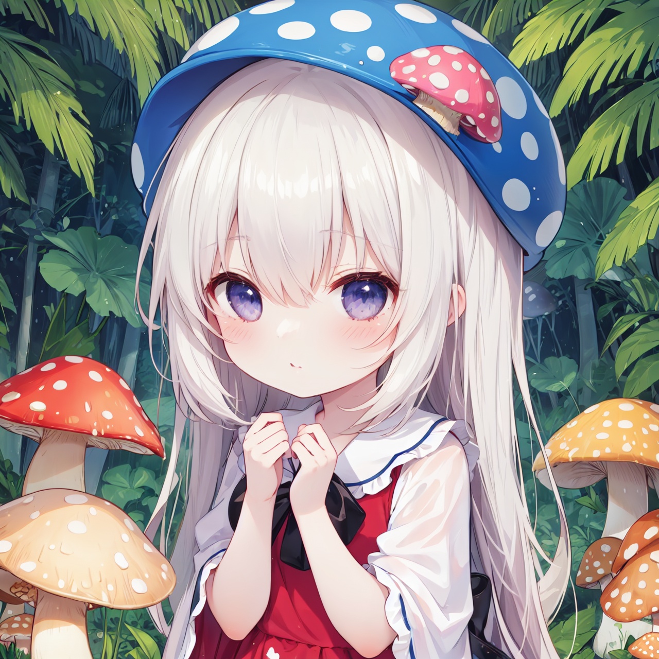 (1 loli:1.3),Forest after rain,Amazon rainforest,lots of tropical trees,palm trees,lots of giant mushrooms,lots of poison mushrooms,red and white spotted mushrooms,purple mushrooms,yellow mushrooms,white mushrooms,explosion mushrooms,charm mushrooms,fluorescent mushrooms,(monsterification:1.3),(1 giant mushroom_girl, wearing Spotted dress, spotted mushroom hair),(spotted mushroom hat:1.2),(upper body),(cute face),beautiful eyes,(detailed light),(extremely delicate and beautiful),volume light,best shadow,flash,Depth of field,