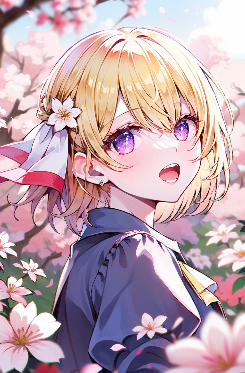 masterpiece,bset quality,high quality,highres,1girl, solo, cherry blossoms, looking at viewer, blurry, upper body, shirt, short hair, petals, blurry background, parted lips, blonde hair, branch, from side, flower, open mouth,facula