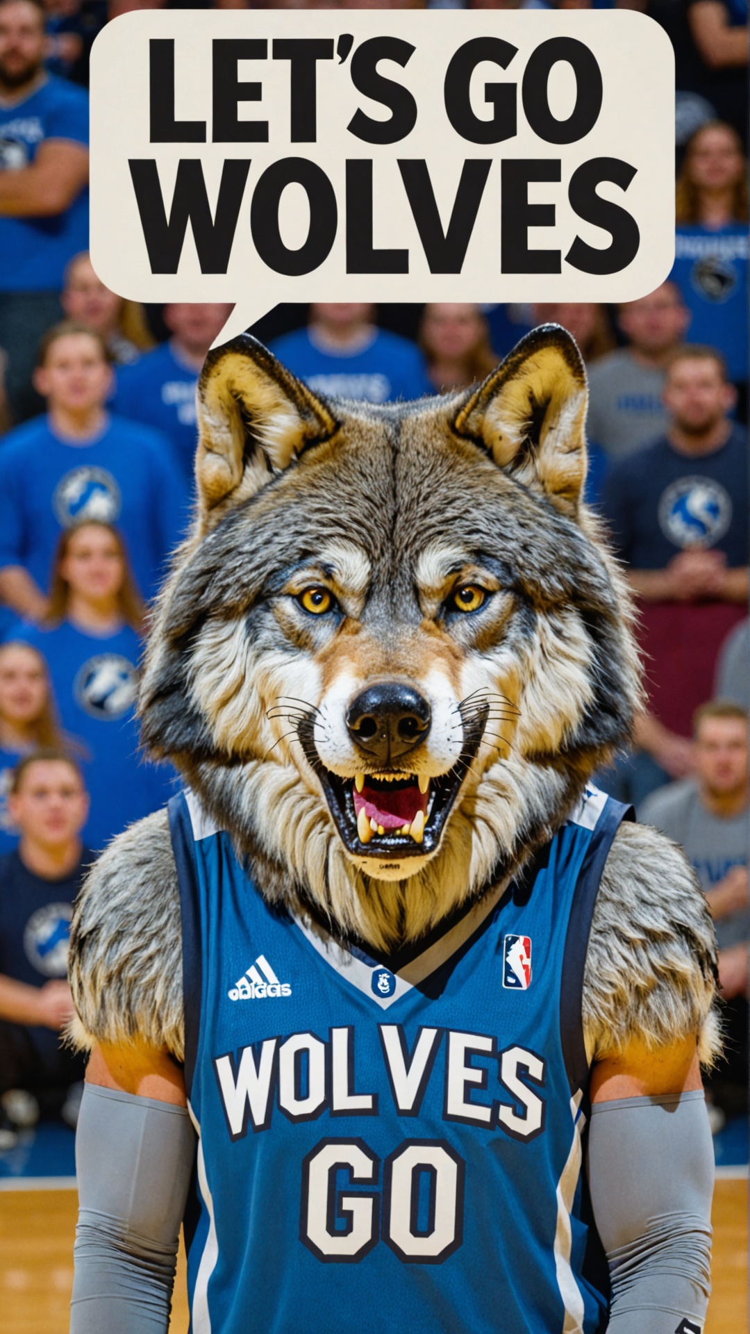 Photo of Timberwolves mascot with a text bubble that says "LETS GO WOLVES" MEMES on Tensor.Art