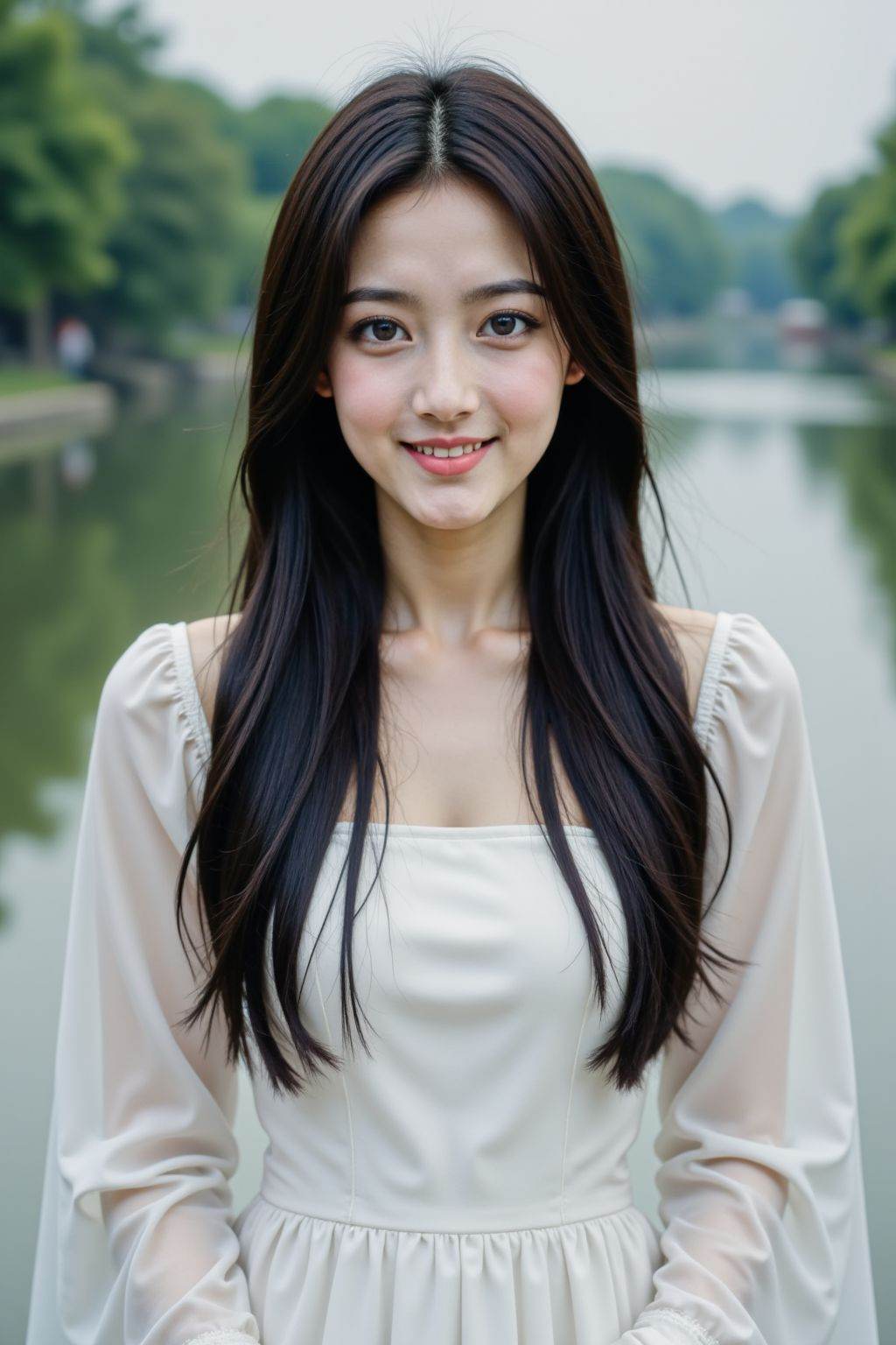 film grain, 1girl, solo, realistic, black hair, looking at viewer, dress, long hair, smile, white dress, brown eyes, photorealistic, upper body, river,