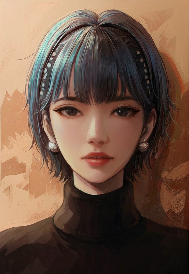 (best quality), ((masterpiece)), (highres), illustration, original, extremely detailed, <lora:少女梦绘卷:0.7>1girl, solo, earrings, jewelry, looking at viewer, short hair, turtleneck, portrait, bangs, lips, parted lips, black eyes