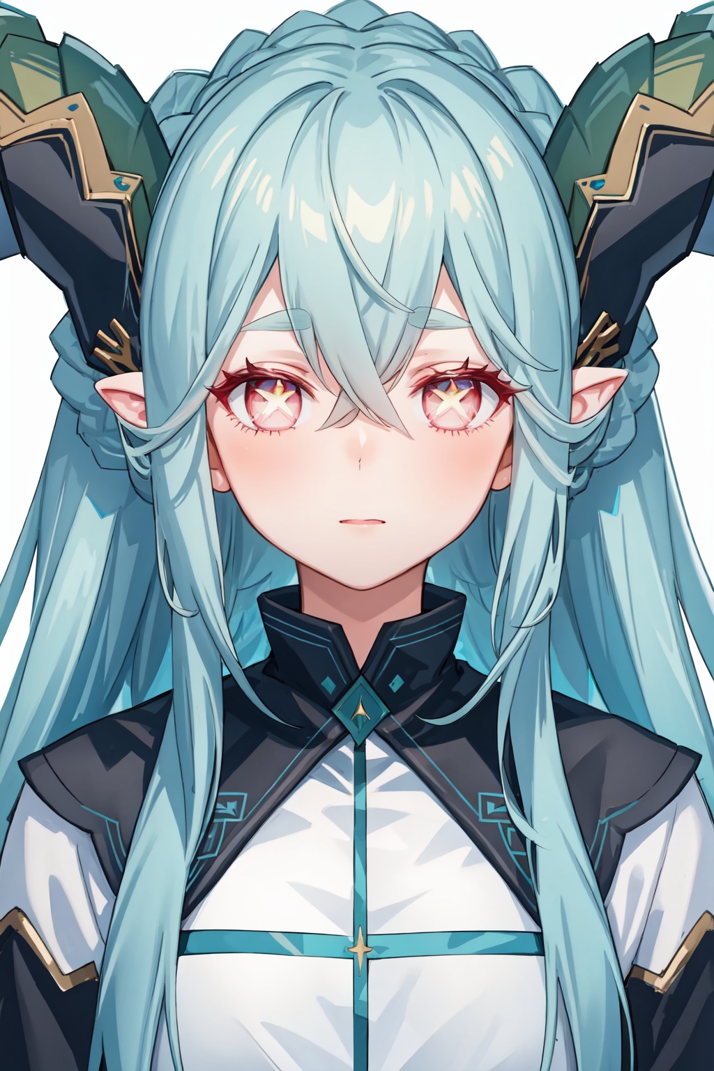 portrait,close-up,upper body,tiamat_(fate),1girl,curled_horns,symbol-shaped_pupils<lora:tiamat_(fate):1>,simple background,white background,masterpiece,best quality, highly detailed, 