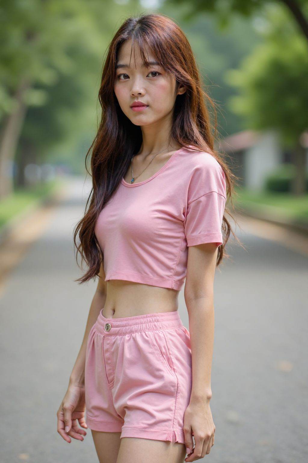 HDR photo of cinematic film still, This is a photograph of a young Asian girl, solo, long hair, breasts, looking at viewer, large breasts, brown hair, shirt, navel, brown eyes, standing, short sleeves, cowboy shot, outdoors, shorts, day, midriff, blurry, tree, lips, crop top, blurry background, pink shirt, realistic, arms at sides, road, street, photo background, pink shorts, extremely slim waist, girlm,