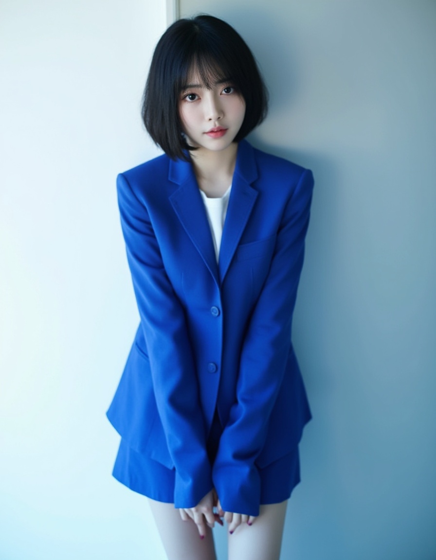 best quality, ultra high res, (photorealistic:1.4), RAW photo,(full-body shot),1japanese girl,( a woman with cat-like features, sharp almond-shaped eyes),a bob haircut,a slim body,blue-glossy tight skirt suit, professional, OL style,.