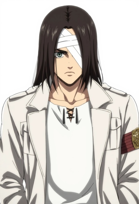 A digital drawing in a realistic anime style depicting a young man with a serious,  determined expression. He has long,  d...