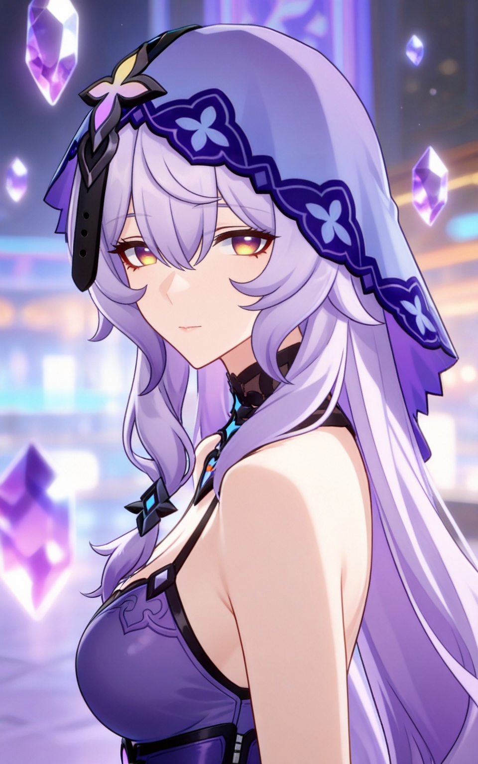 depth of field,masterpiece,best quality,very aesthetic,alternate costume,alternate costume,2024,2023,perfect composition,ultra-detailed,extreme aesthetic,masterpiece,best quality,good quality,newest,year 2024,year 2023,very aesthetic,absurdres,looking_at_viewer,colorful,long hair,multicolored hair,gradient hair,streaked hair,upper_body,<lora:黑天鹅·衣服百搭ILL:0.8>,black swan \(honkai: star rail\),purple hair,long hair,yellow eyes,veil,very long hair,hair between eyes,