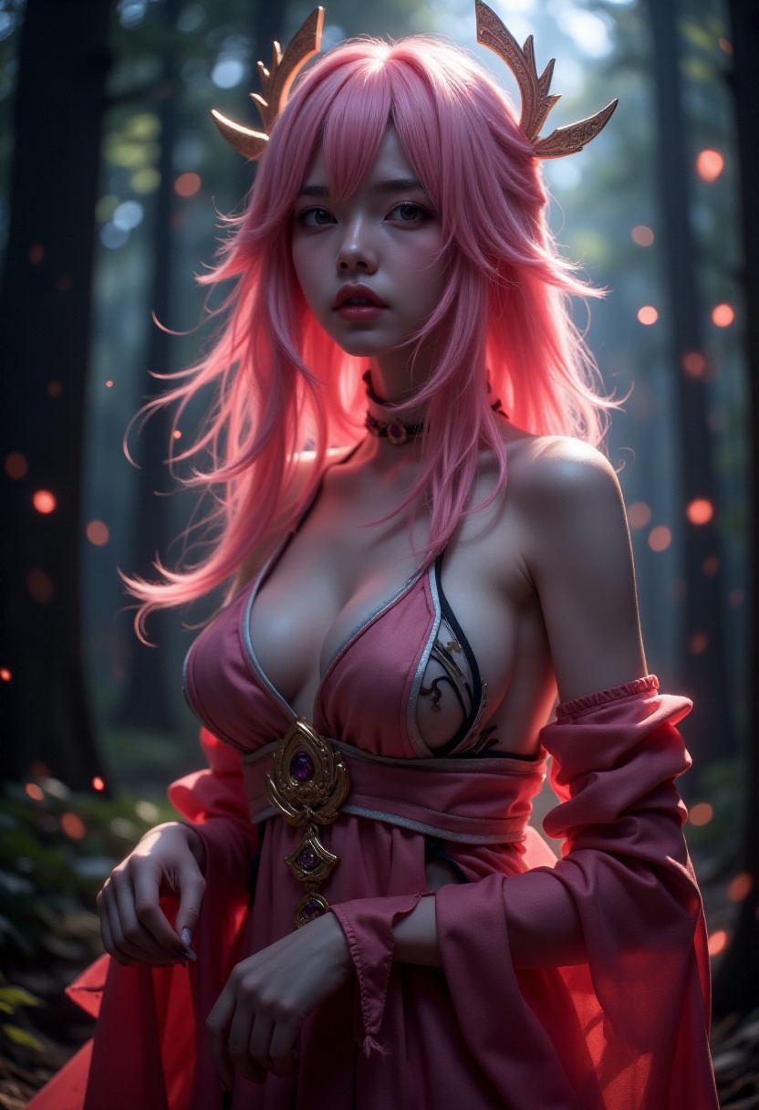 FluxYaeMiko,  close-up of a beautiful breathtaking woman with pink hair in a dark misty forest,  wearing thighhigh fishnet...
