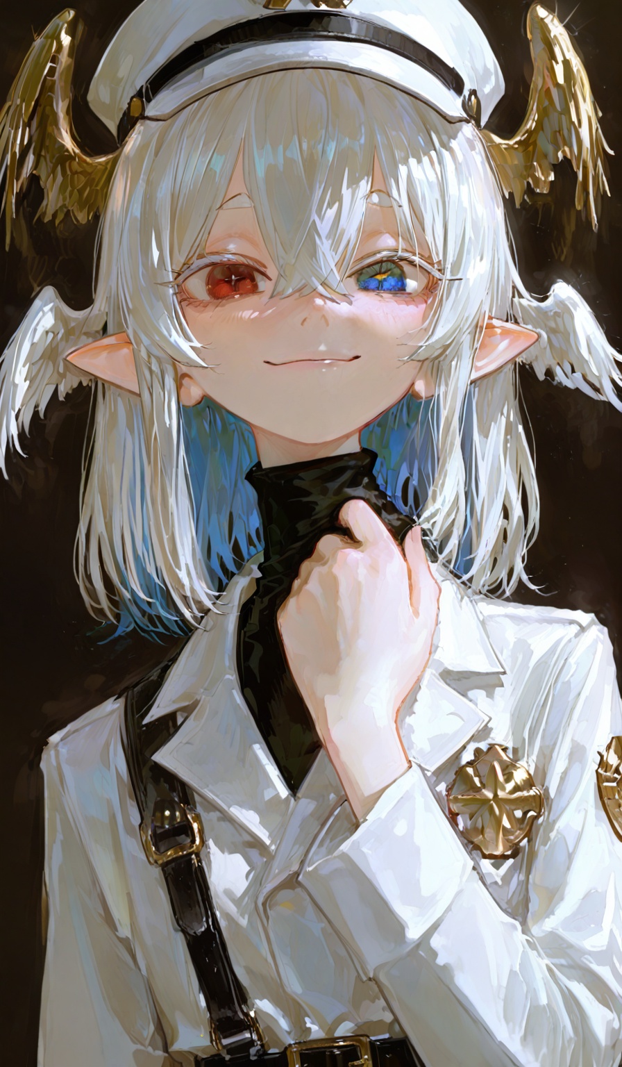 <lora:Taswell的SenSen画风:0.8>,highres,absurdres,newest,very awa,masterpiece,best quality,year 2024,(vanripper:1.2),yomiya_sateko,potg_(piotegu),void_0,(dino_(dinoartforame):0.8),(fkey:0.8),(yomu_(sgt_epper):0.8),(close-up:1.8),(upper body:1.5),cinematic lighting,god rays,ray tracing,reflection light,black background,1girl,solo,medium hair,hair between eyes,white hair,multicolored hair,braid,short eyebrows,(heterochromia:1.3),(Red left pupil:1.3),(blue right pupil:1.3),x-shaped_pupils,elf ears,flat chest,(head angel wings:1.3),(head wings:1.5),white Officer cap,turtleneck,white military jacket,black turtleneck,gold badge,black belt,black sheath dress,white knee boots,smile,(adjusting collar:1.1),