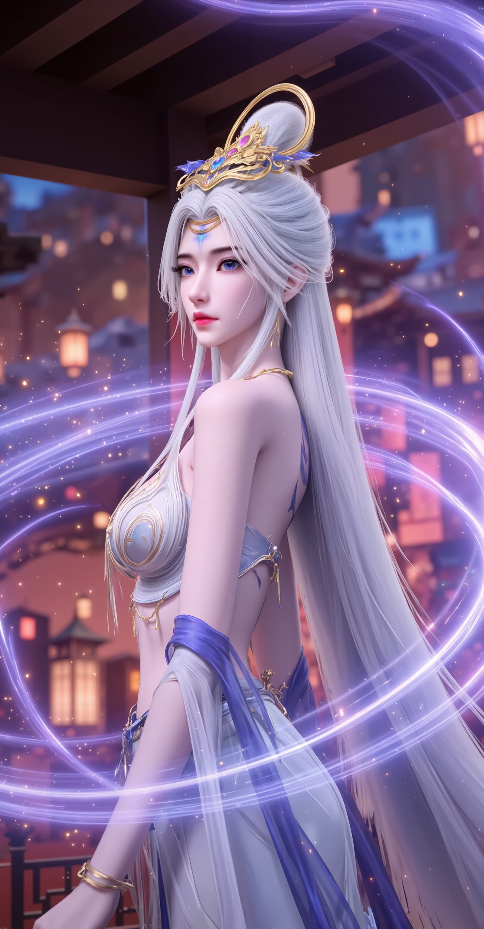 <lora:莫仙·10:1.1>,moxian,1girl,solo,long hair,blue eyes,hair ornament,white hair,jewelry,tattoo,blue tattoo,(cowboy_shot:1.1),crop_top,skirt,navel,tattoo,blue tattoo,right arm tattoo,stomach_tattoo,<lora:DJ滤镜_2.5D版:0.3>,lvjing,<lora:绚丽多彩·10:0.4>,guoman,close-up details,outstanding style,adding a touch of dimension to your images without compromising details,whirls of vapor,iridescent textures,(Anime:1.1),ethereal ambiance,delicate details,magical high-concept,32K UHD,sharp focus,best-quality,masterpiece,golden hour,unconventional supreme masterpiece,masterful details,temperate atmosphere,with a high-end texture,in the style of fashion photography,photography,cover,dynamic angle,dynamic posture,extreme aesthetic,masterpiece,best quality,good quality,very aesthetic,absurdres,visual impact,a shot with tension,ultra-high resolution,32K UHD,sharp focus,best-quality,masterpiece,emotionalization,unconventional supreme masterpiece,masterful details,temperate atmosphere,with a high-end texture,in the style of fashion photography,(visual impact:1.2),giving the poster a dynamic and visually striking appearance,impactful picture,official art,colorful,splash of color,movie perspective,masterpiece,best quality,amazing quality,very aesthetic,absurdres,best quality,newest,