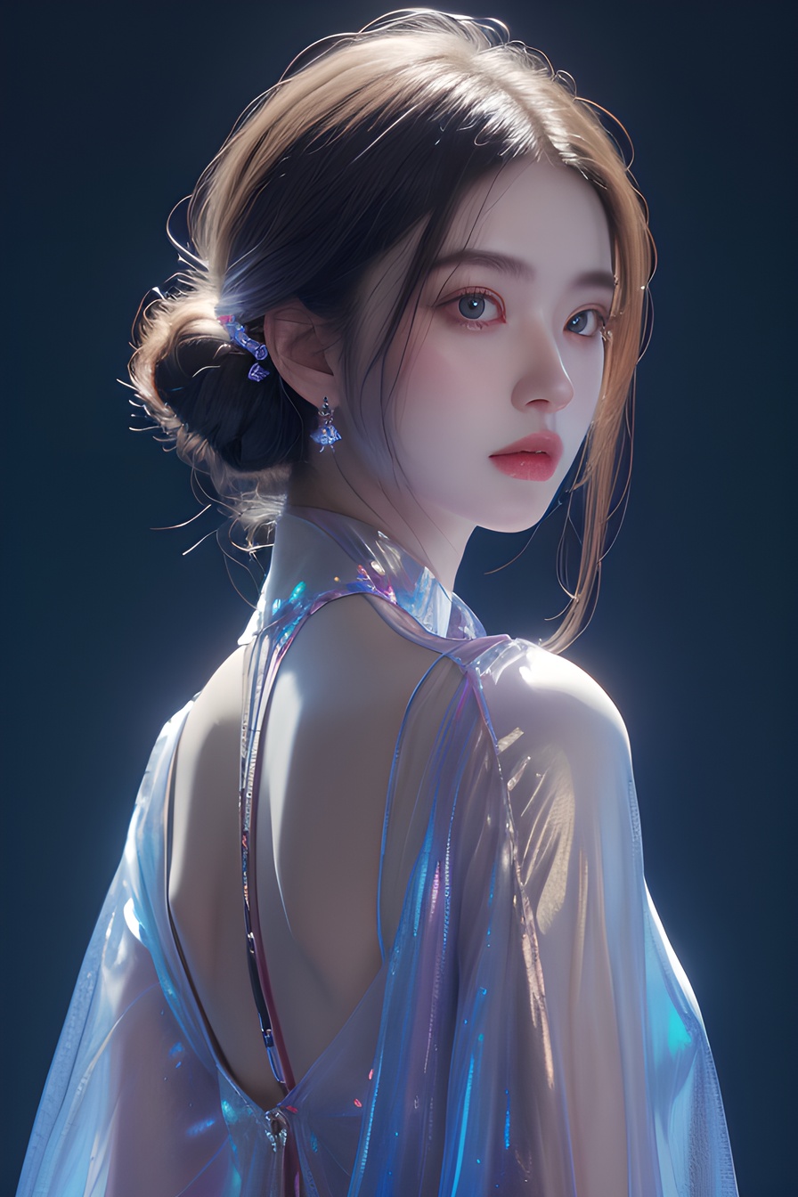1girl,jewelry, iridescence,  look back, upper body,light pink background, (32k, best quality, highres, masterpiece:1.21), (realistic:1.331), detailed and intricate, (iridescent hair:1), <lora:20240218-1708234260649:0.4>, <lora:幻光琉璃Phantasmal Luminous The Radiance of Rainbow Dispersion:0.6>