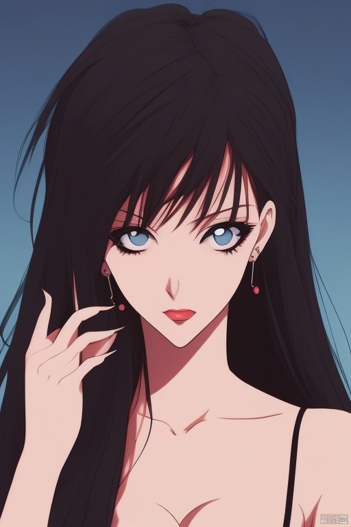 mnmhf,1girl, solo, black hair, mole under mouth, long hair, mole, breasts, nail polish, makeup, looking back, lipstick, red nails, blue eyes, large breasts, strap slip<lora:EMS-344925-EMS:0.800000>