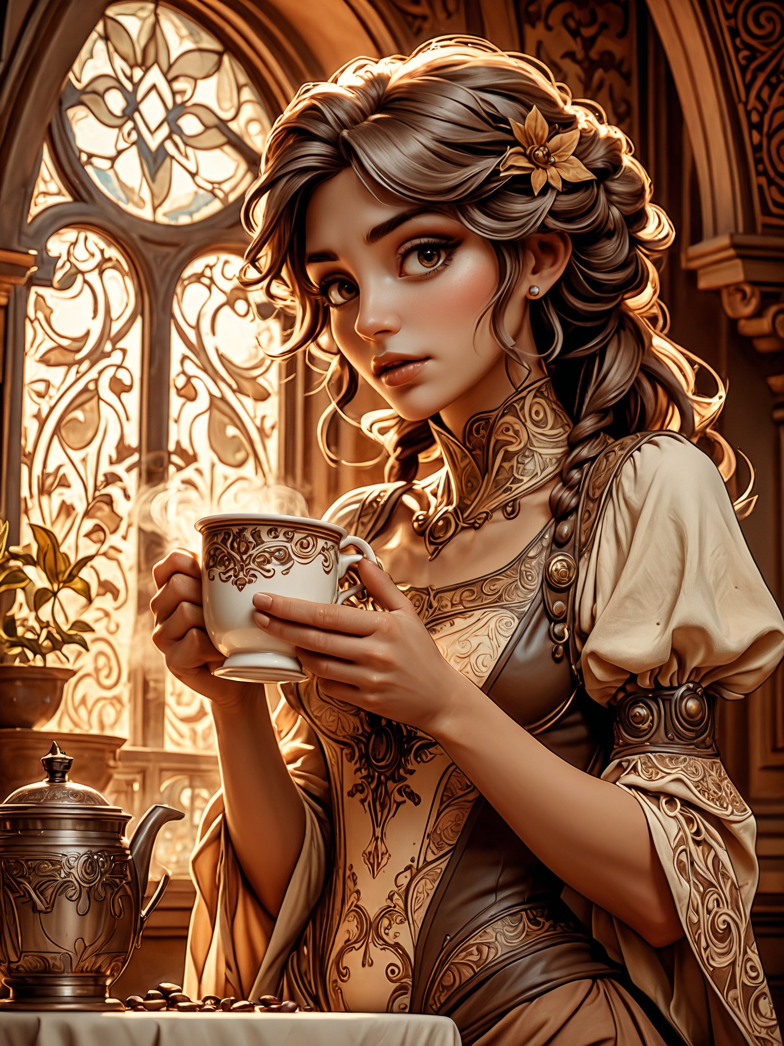 highly detailed,  fantasy art in the style of Alphonse Mucha,  WOMAN holding a cup of steaming hot coffee on Tensor.Art