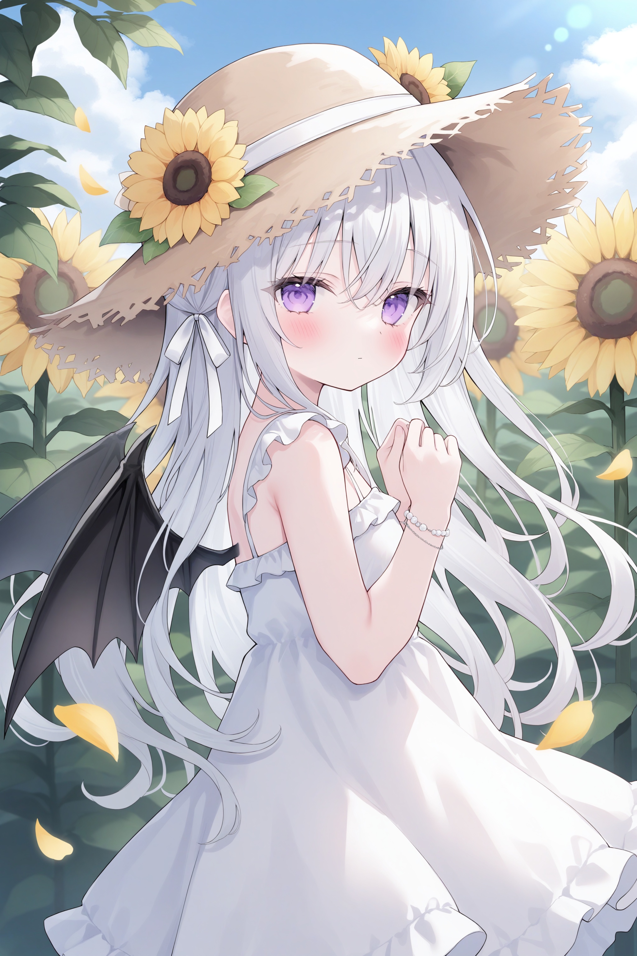 quality,amazing quality,very aesthetic,absurdres,1girl,loli,solo,flower,hat,long hair,dress,wings,sunflower,outdoors,white dress,purple eyes,day,looking at viewer,white ribbon,bare shoulders,sky,ribbon,very long hair,yellow flower,hair ribbon,cloud,petals,hair between eyes,blue sky,bangs,sun hat,bow,blush,standing,hat flower,white bow,from side,sleeveless dress,straw hat,sleeveless,looking to the side,demon wings,bracelet,closed mouth,bat wings,white  hair,brown headwear,hands up,