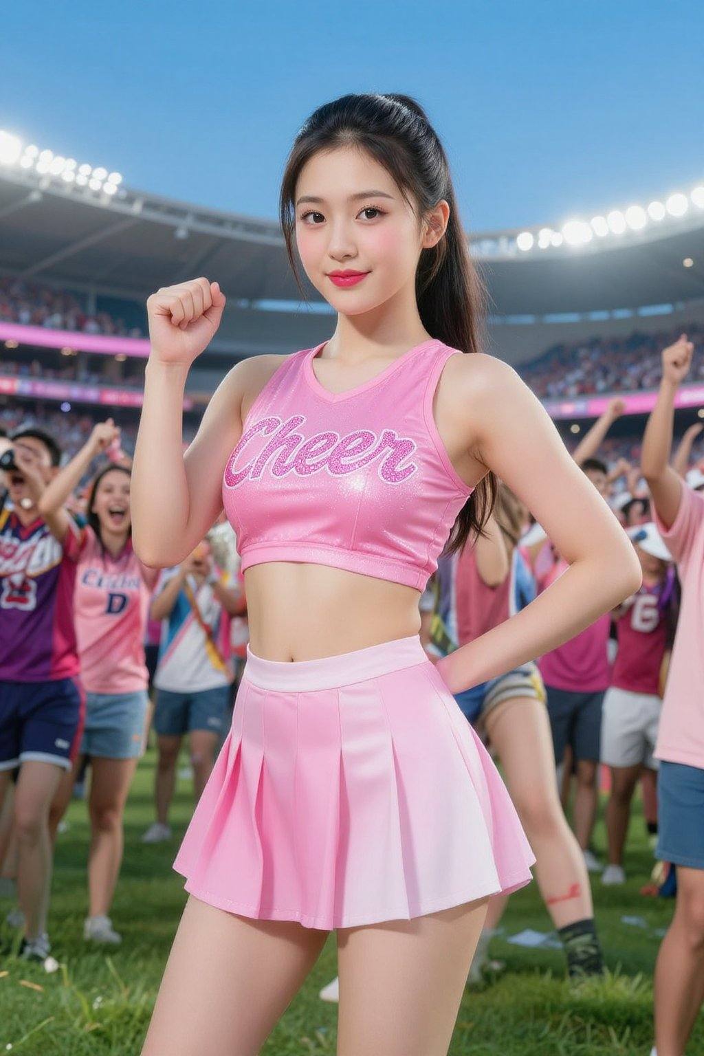 生成一张年轻女子在充满活力的体育场内自信摆姿势的图像。她留着一头乌黑的长发，梳成光滑的马尾辫，妆容清新年轻，以柔和的粉色唇彩和淡雅的眼妆为特色。她身着一套合身的啦啦队服，包括一件闪亮的粉色露脐上衣，上面用闪闪发光的字母装饰着“Cheer”（加油）字样，以及一条配套的百褶迷你裙。背景展现了热闹的体育场景，身着球队队服的球迷们欢呼雀跃，头顶是湛蓝的天空，体育场的灯光在远处闪耀。气氛充满活力和节日气氛，完美地捕捉到了比赛日的激情。画面的焦点是这位啦啦队员，她自信地举起拳头，摆出一个俏皮的姿势。整体色调以粉色、白色为主，人群中点缀着鲜艳的色彩，增强了画面的动感和欢乐氛围。