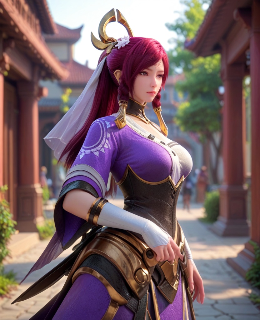 (oriental architecture, elegant decor, sophisticated style:1.1),(Walking with one hand touching a wall,:1.1),(large breasts:1.2),<lora:XL王者荣耀伽罗:0.95>,miss jialuo,purple right side robe layered on top of white sarashi,red hair,ponytail,twin braids,hair ornament,hair tubes,detached collar,armored dress,forehead mark,bangs,purple eyes,hair flower,white thighhighs,(veil:1.1),, score_9,score_8_up,score_7_up,score_6_up,score_5_up,score_4_up,3d rendering,tag1,tag2, Cinematic Lighting,backlighting,, zPDXL3, zPDXL2,zPDXL, zPDXLxxx, zPDXLrl,