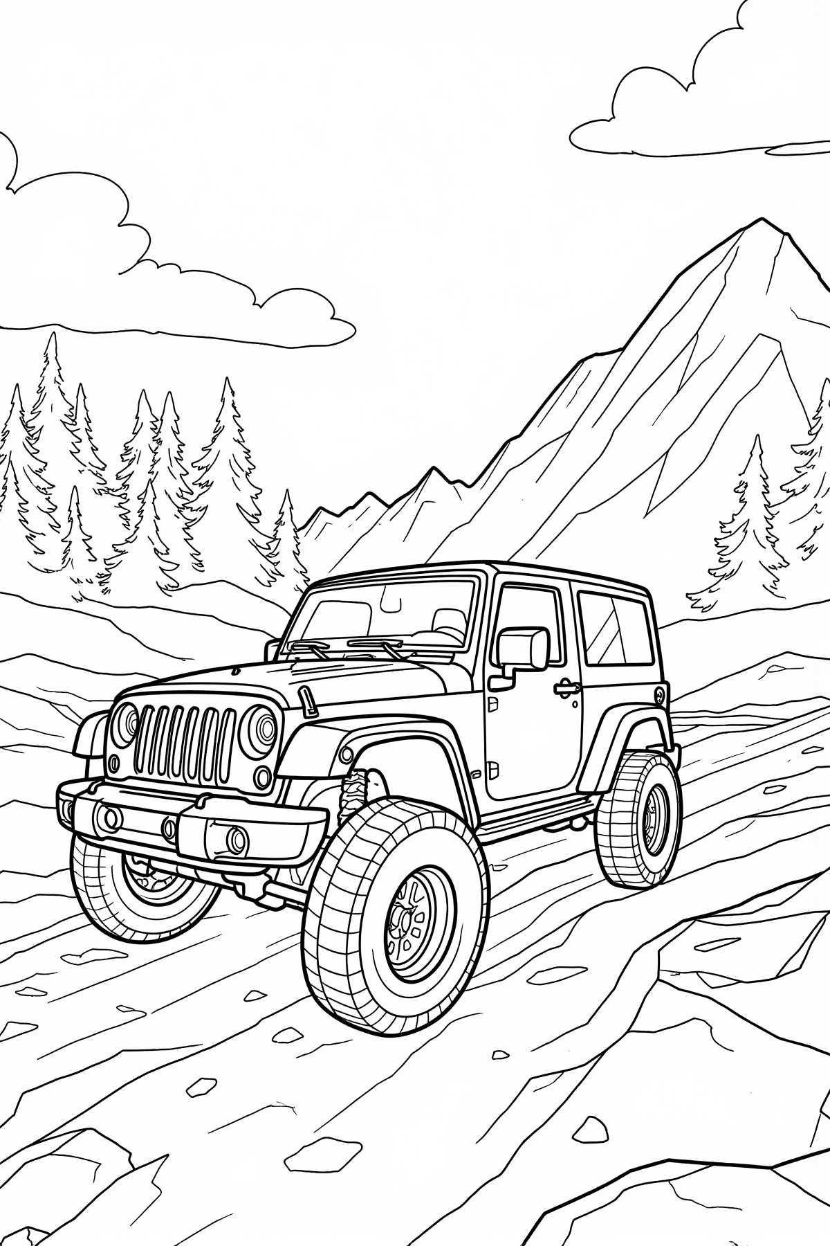 Intricate black and white coloring page showing a powerful 4x4 off-road vehicle navigating a rocky mountain trail with tre...