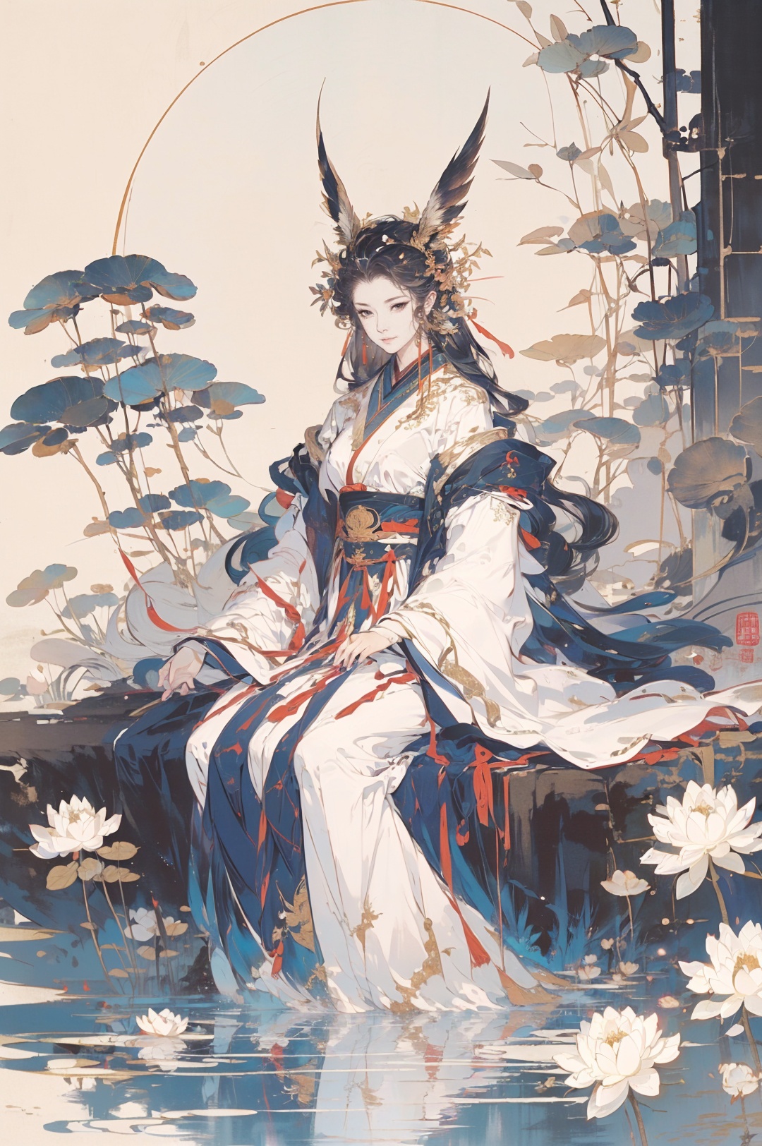 masterpiece,best quality,huge filesize,masterpiece,best quality,(((masterpiece))),(((best quality))),<lora:guofengsuya_20240427152744:0.65>,((4k,masterpiece,best quality)),shuimobysim,traditional chinese ink painting,lotus,hanfu,maxiskit,dress conservatively 1 girl,solo,white hair,long hair,fox ears,white,bikini,fish,many fish near girl,look at viewer,tease,, (masterpiece, top quality, best quality, official art, beautiful and aesthetic:1.2),