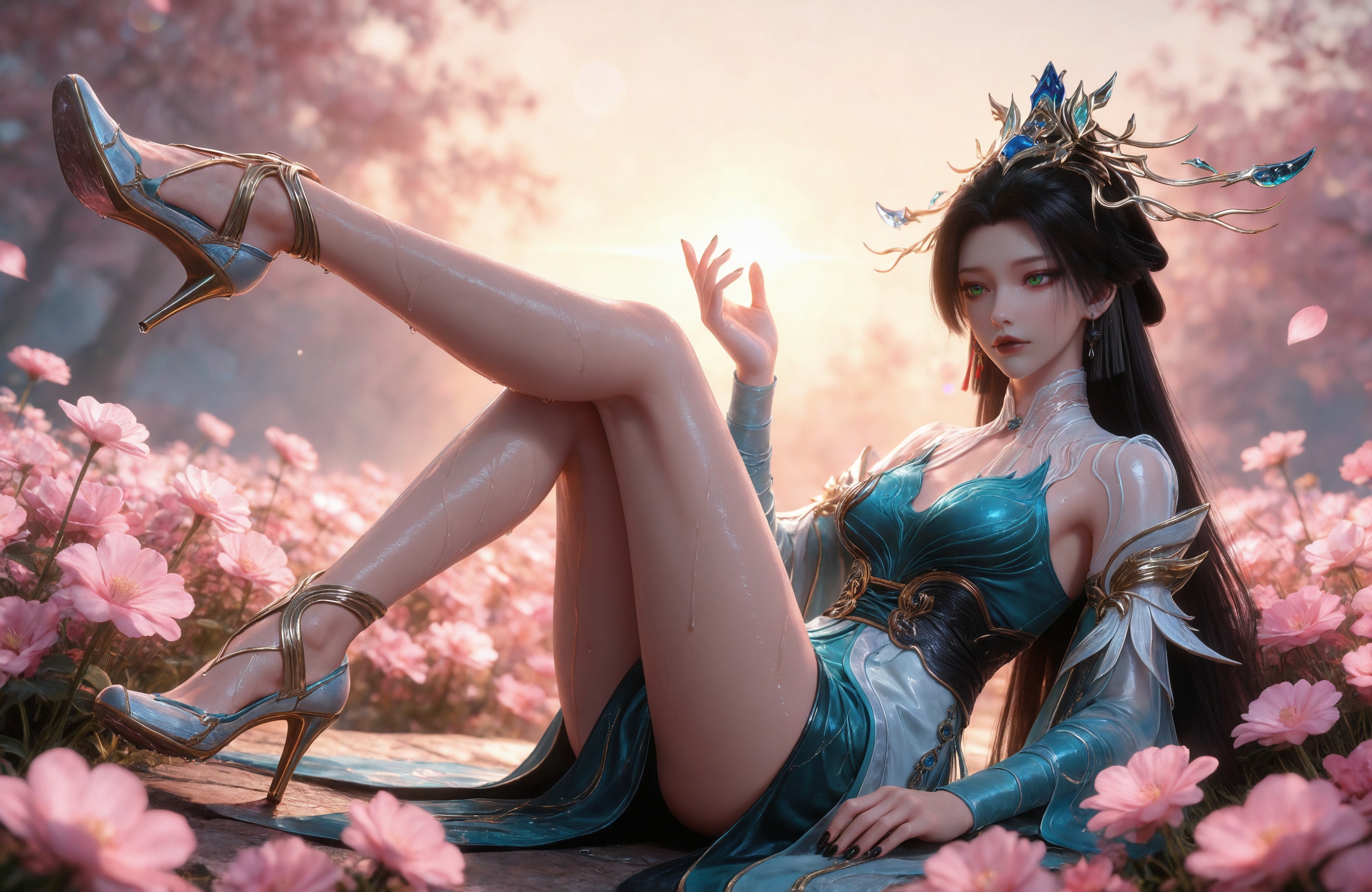 <lora:百炼成神3-青萝IL:0.7> 1girl, long hair, black hair, green eyes, earrings, hair ornament, jewelry, chinese clothes, bare legs,long legs, detached sleeves, high heels, blue dress, realistic style photo,outstanding style,Use soft lighting to cast gentle shadows on the subject,adding a touch of dimension to your images without compromising details,whirls of vapor,(Anime:1.1),soft neon light,ethereal ambiance,delicate details,magical atmosphere,concept art,highly detailed,ultra-high resolution,32K UHD,sharp focus,best-quality,masterpiece,golden hour,unconventional supreme masterpiece,masterful details,temperate atmosphere,with a high-end texture,in the style of fashion photography,magazine style,Dynamic Angle,Dynamic posture,magazine style,Dynamic Angle,Dynamic posture,(cowboy_shot:1.2),eye trail,depth of field,cinematic lighting,lens flare,close-up,extreme aesthetic,(wlop:0.6),(honjou raita,lack,rella,wanke:0.5),masterpiece,best quality,good quality,newest,year 2025,very aesthetic,absurdres,Visual impact,A shot with tension,ultra-high resolution,32K UHD,sharp focus,best-quality,masterpiece,Emotionalization,unconventional supreme masterpiece,masterful details,temperate atmosphere,with a high-end texture,in the style of fashion photography,(Visual impact:1.2),giving the poster a dynamic and visually striking appearance,, stairs,pink flower,bare legs,toes,black nail polish,smooth skin,barefoot,blurry,sitting,full body,feet focus,foot focus,legs up,Wet feet,
