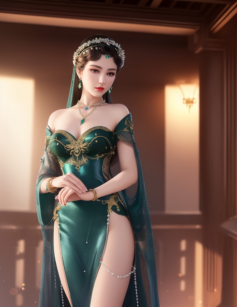 ultra realistic 8k cg, picture-perfect face, flawless, clean, masterpiece, professional artwork, famous artwork, cinematic lighting, cinematic bloom, perfect face, beautiful face, fantasy, dreamlike, unreal, science fiction,  beautiful clothes, lace, lace trim, lace-trimmed legwear,  (rich:1.4), prestige, luxury, jewelry, diamond, gold, pearl, gem, sapphire, ruby, emerald, intricate detail, delicate pattern, charming, alluring, seductive, erotic, enchanting, hair ornament, necklace, earrings, bracelet, armlet,halo((,1girl, pov,))(((,  1girl,  solo,looking at viewer, ))),(((1girl, solo, dress, jewelry)))<lora:DA_WhiteSnakeGreenSnake:0.8>