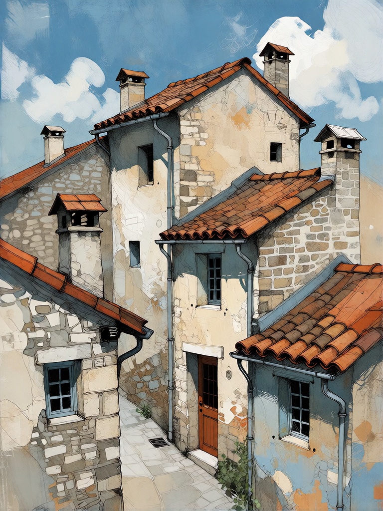 Bradhamel art style. A detailed watercolor illustration of a sunlit European village with tightly packed stone buildings f...
