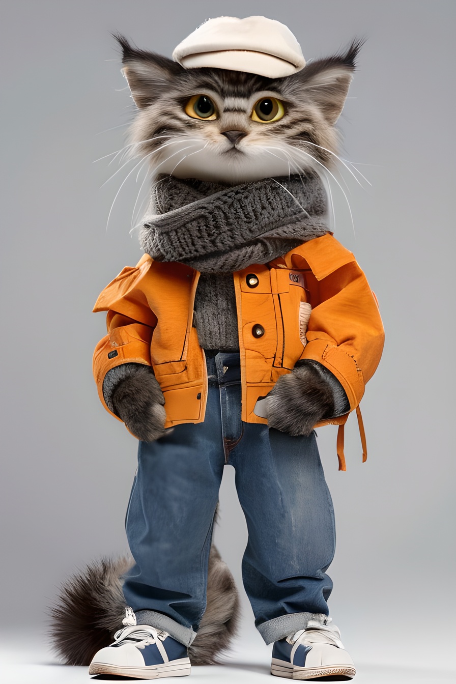 masterpiece,best quality,solo,looking at viewer,simple background,white background,long sleeves,standing,hat,jacket,full body,tail,open clothes,shoes,pants,grey background,scarf,animal,open jacket,denim,blue pants,pocket,animal focus,brown jacket,jeans,hands in pockets,no humans,grey footwear,orange jacket,grey scarf,Pallas's cat, <lora:3D人物角色拟人动物自媒体神器_v1.0:0.8>