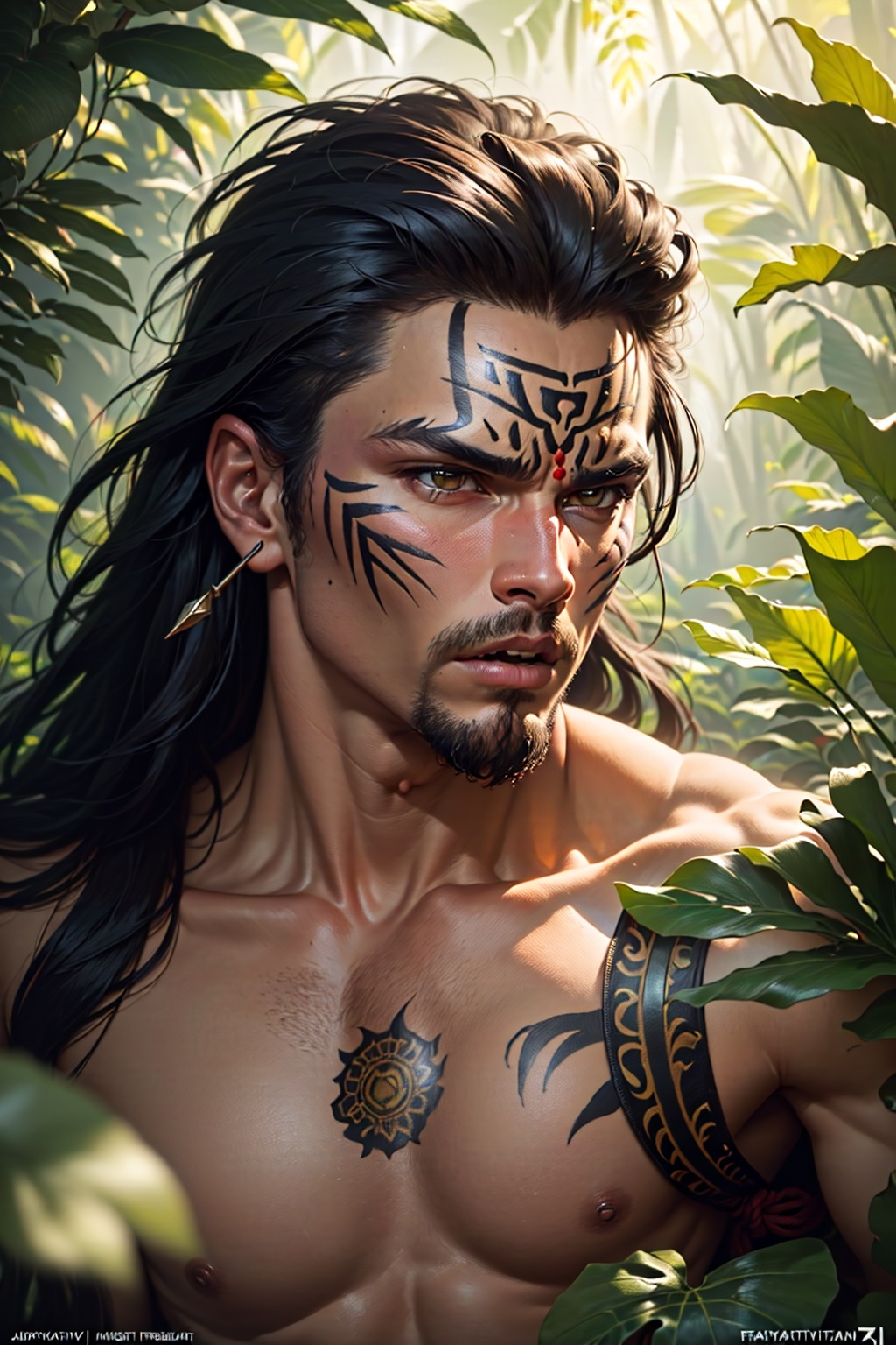 ((best quality)), ((masterpiece)), (detailed), (realistic), male warrior, muscular physique, tribal attire, face paint, wielding spear, (jungle:1.3), dense foliage, exotic plants, dappled sunlight, (hyperrealistic:1.2), oil painting, (Frank Frazetta:1.1), DeviantArt influence, dynamic action pose, (intense expression:1.2), (portrait shot:1.1), 8k resolution