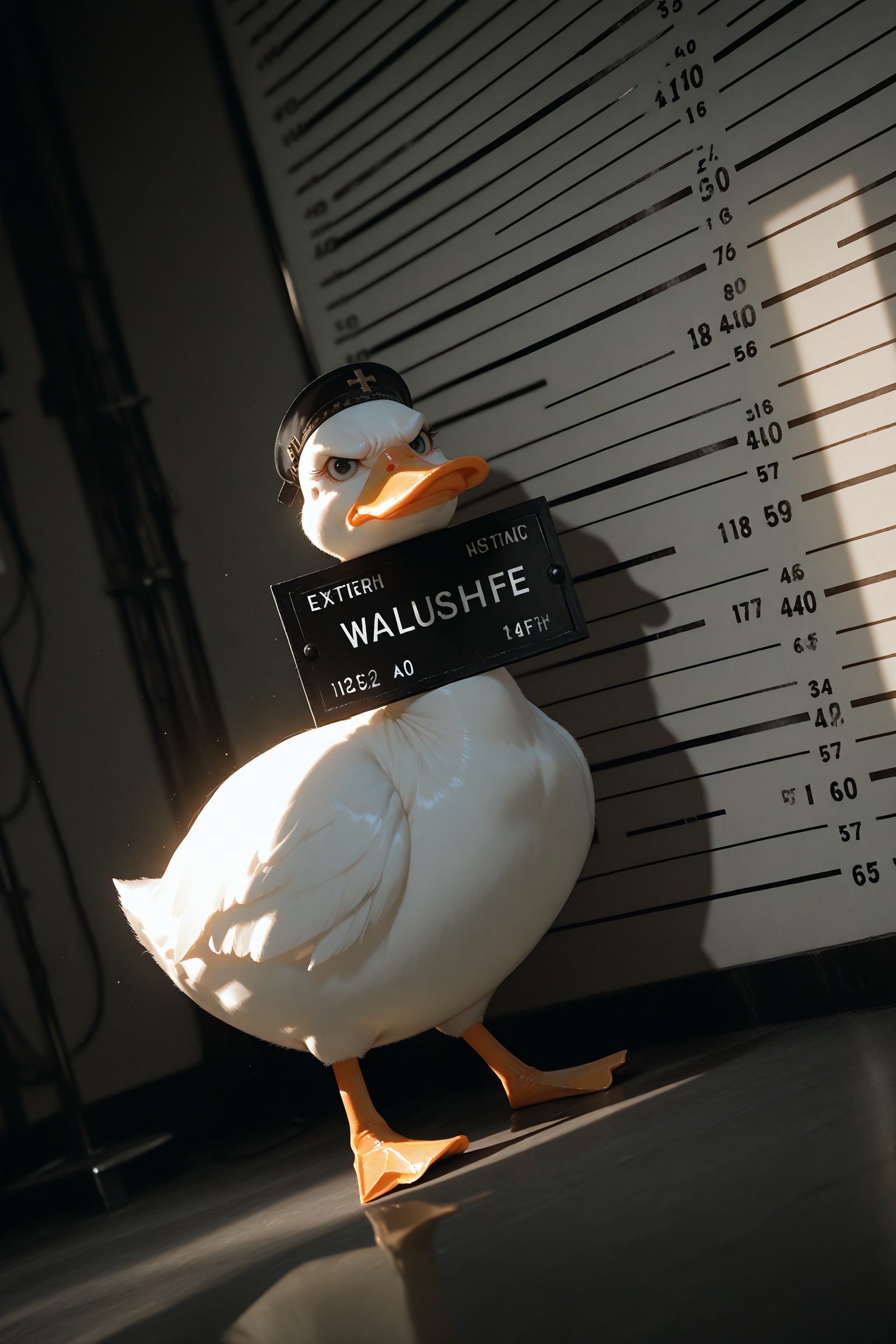 masterpiece,best quality,amazing quality,very aesthetic,absurdres,newest,extreme aesthetic,in the style of fashion photography,light particles,cinematic lighting,Visual impact,sharp focus,Emotionalization,depth of field,dutch angle,scenery,duck,grumpy,orange beak,height chart,black nameplate,mugshot,dramatic lighting,spotlight,shadows,depth of field,photo \(medium\),scenery,volumetric lighting,masterpiece,best quality,good quality,very awa,very aesthetic,absurdres,newest,opill,