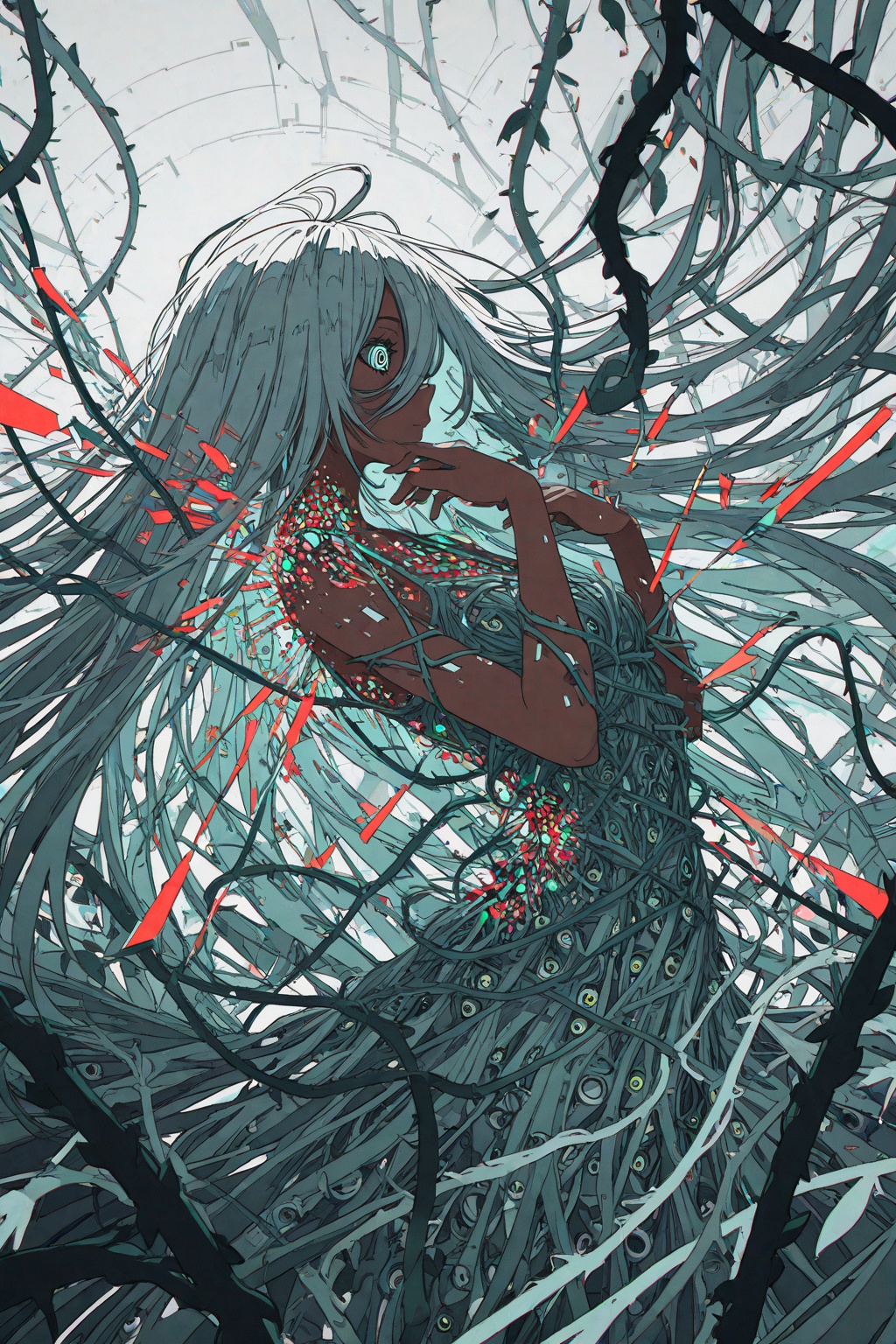 1girl, dutch angle, from side, dark skin, hand up, mechanical eye, crack, virtual, bioluminescence, (binary:1.1), tangled vines, leaf, geometric, gray theme, light background, harsh lines, linear hatching, glitch, disintegration effect foreground, local color adaptation, limited palette, (chromatic aberration:1.2), (green noise foreground:1.2), monochrome, crisp edges, gradient, noisy, ligne claire, ephemeral, ethereal, masterpiece, best quality, amazing quality, very aesthetic, absurdres, newest,