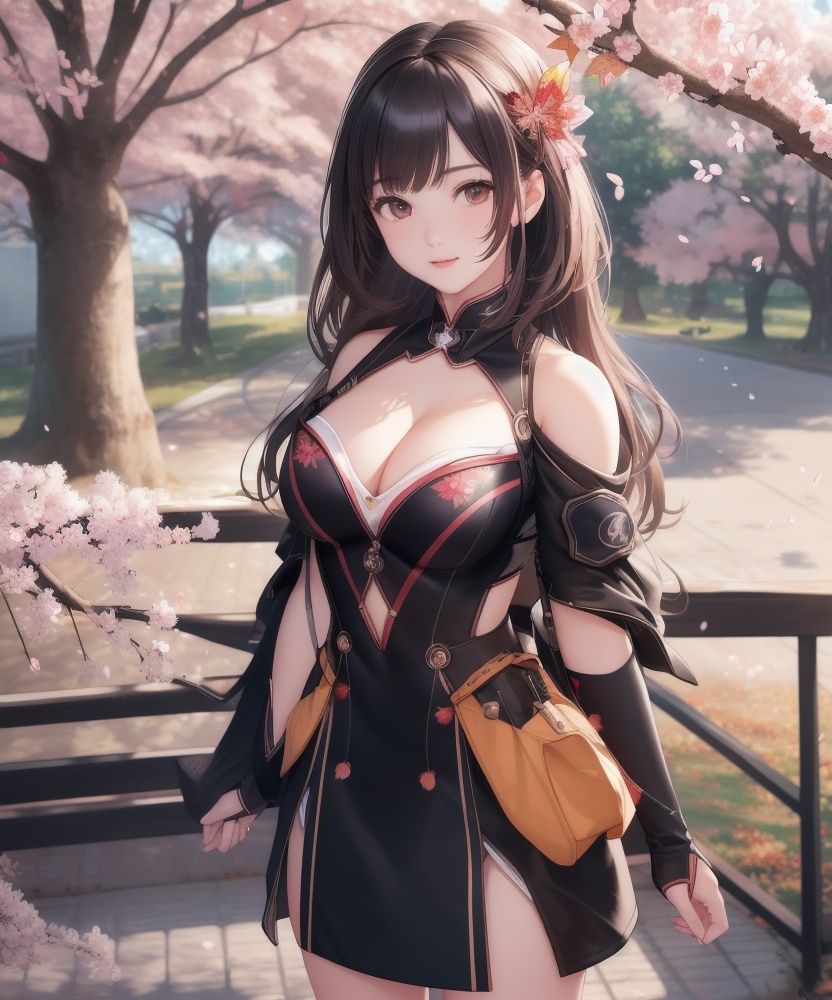 (,1girl, ,best quality, ),looking at viewer, <lora:457-DA-天启姬:0.8> ,ultra detailed 8k cg,ultra detailed background,ultra realistic 8k cg, ,masterpiece, (( , )),, ,science fiction,mole, ultra realistic 8k cg, ,    ,(,cherry blossoms, autumn leaves,perfect cherry blossom,   ), (cleavage),