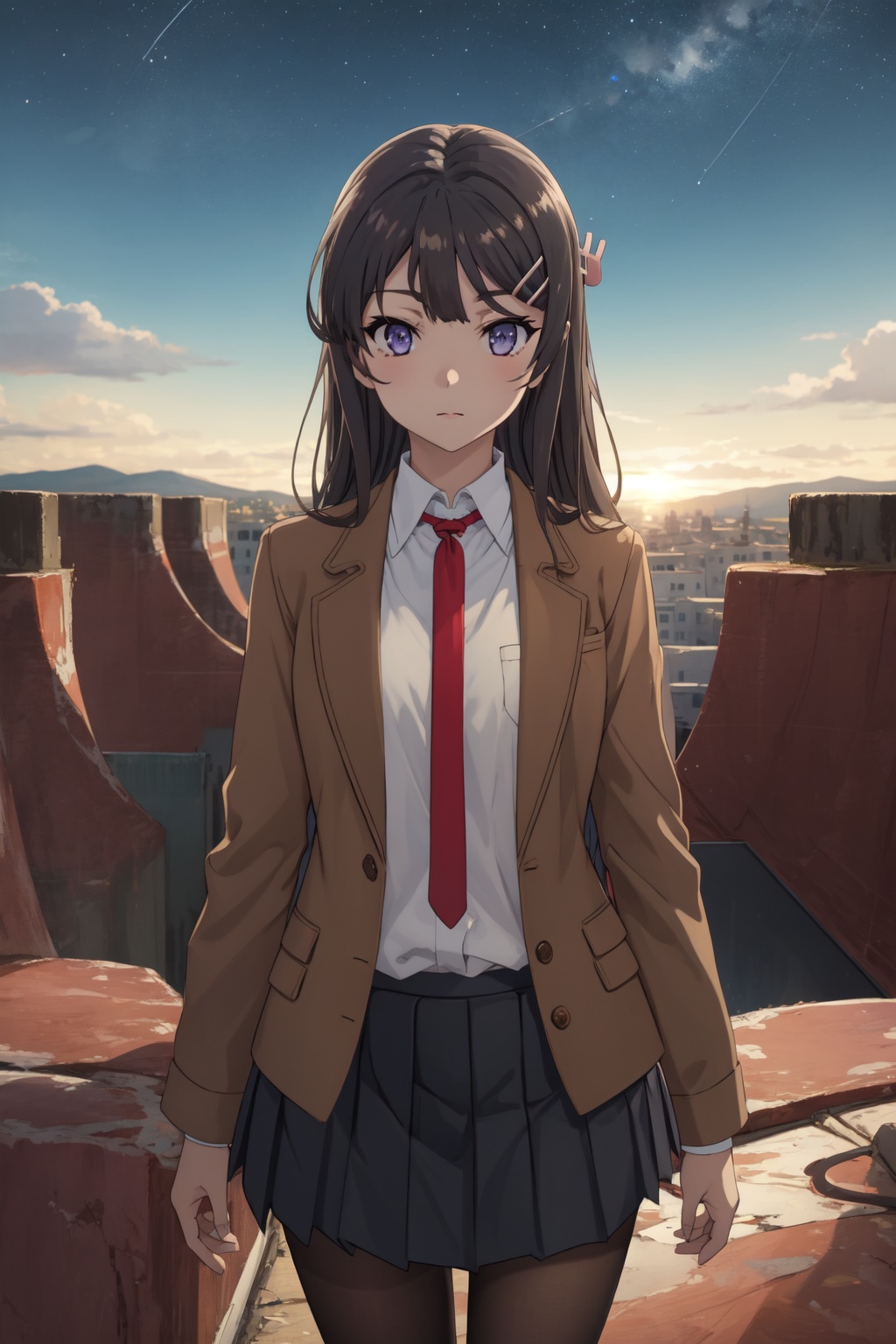 <lora:Mai-000010:0.8>,Mai CYQL,1girl,looking at viewer,solo,black_hair,long_hair,hairclip,hair_ornament,purple eyes,school_uniform,brown_jacket,shirt,white_shirt,necktie,skirt,pleated_skirt,pantyhose,black_pantyhose,loafers,brown_footwear,smirk,cowboy_shot,Canyon, Rocks, Sunset, Colors, Silhouettes, Sky, Serenity, Desert,(Winter garden, Snow-covered landscape, Frosty blooms, Snowflakes, Winter wonderland, English charm:0.5),beautiful detailed sky,beautiful detailed glow,posing in front of a colorful and dynamic background,masterpiece,best quality,beautiful and aesthetic,contrapposto,female focus,wallpaper,