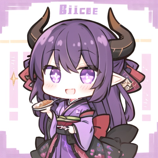 <lora:bichi style:1>,bichi style,1girl,solo,long hair,heart,purple hair,open mouth,horns,smile,japanese clothes,bangs,holding,spoon,kimono,looking at viewer,+ +,purple eyes,sparkle,:d,dress,character name,food,long sleeves,wide sleeves,two side up,symbol-shaped pupils,chibi,