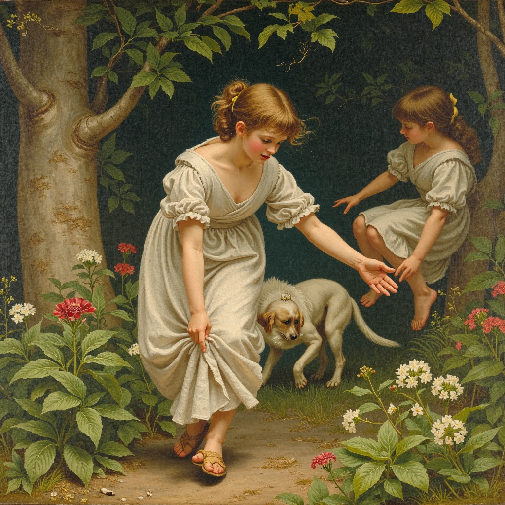 painting of three girls in a forest with a dog,william blake art exhibit,delacroix,Thomas Stothard,girl jumping in a flower field,an american romanticism painting,turner whimsical,swirling scene in forest,Robert Walker Macbeth,Eugene Delacroix,William McTaggart,girl dancing in a flower field,neo rococo expressionist,1 8 3 0 s style painting,painting of wild hunt in the sky,painting of white human figures,3 nymphs circling a fountain,re-raphaelite fairies,william blake and repin,romantic era painting,protagonist in foreground,et in arcadia ego,angel falling to andromeda,1 9 th century scene,impressionism and expressionism,Blanche Hoschedé Monet,in this painting,feral scene,girl running,energetic composition,transformation scene,young women,John Bellany,