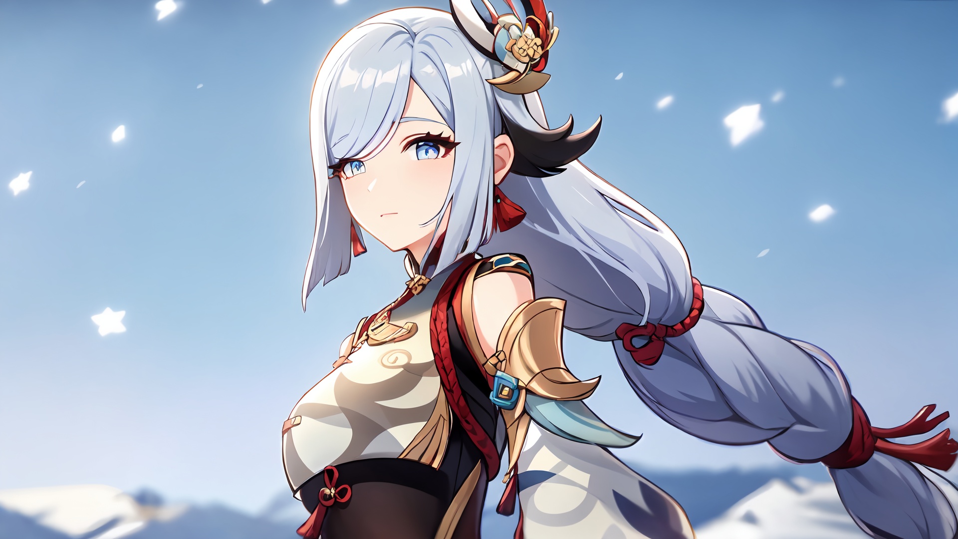 masterpiece,bestquality,high quality,best quality,hires,letterboxed,(upper_body:1.4),winter,little snowing,small town,snowflakes in fly,bare tree,snow,in tree,sharp focus,shenhe,1girl,shenhe (genshin impact),solo,long hair,hair over one eye,breasts,bodysuit,braid,covered navel,hair ornament,breast curtain,grey hair,gloves,hip vent,looking at viewer,blue gray gradient eyes,bangs,braided ponytail,<lora:shenhe:0.8>,breathing on hands,blush,perfect face,very beautiful eyes,stars in the eyes,eyelashes,standing,looking at viewer,