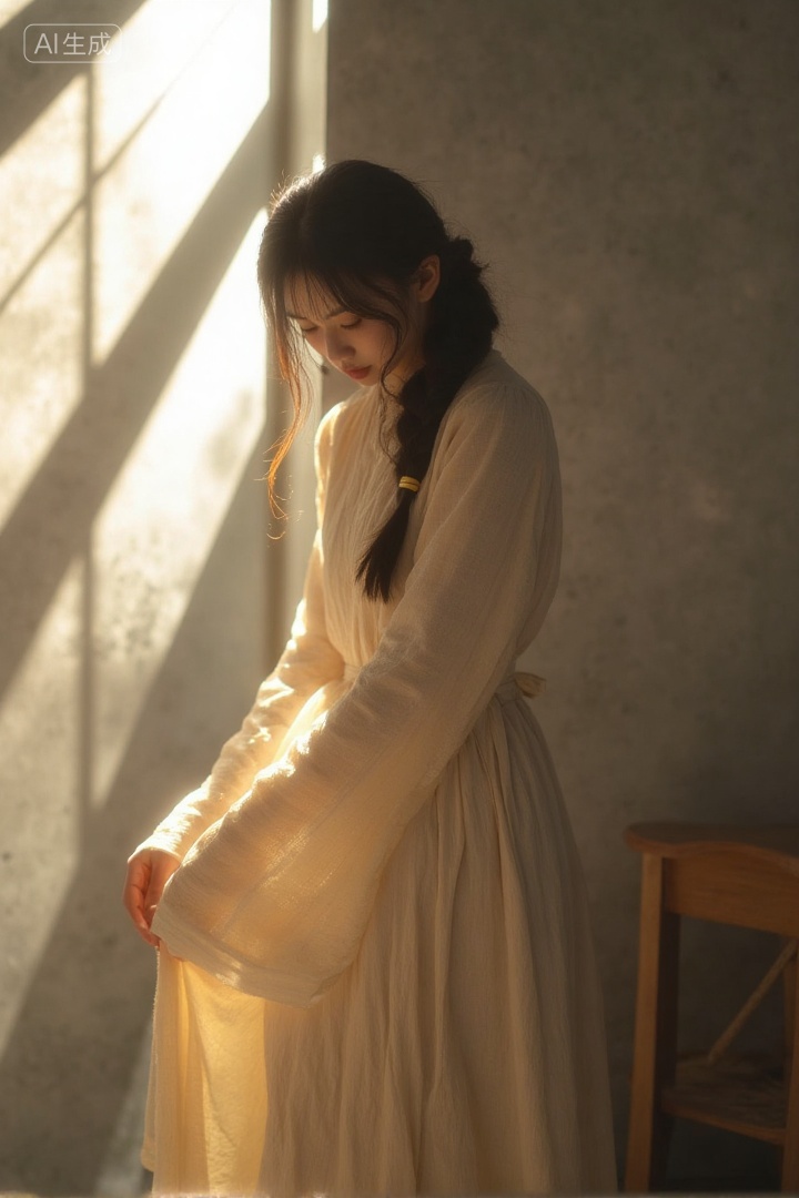 A woman in a beige long-sleeved dress with a loose braid, slightly bending to adjust her skirt, sunlight streaming through upper windows forming distinct light beams, illuminating her side face and garment edges, mottled gray walls in the background, retro and tranquil warm atmosphere, 3:2 ratio, classical oil painting - like visual effect., Negative prompt: ng_deepnegative_v1_75t,(badhandv4:1.2),EasyNegative,(worst quality:2),,nsfw, Steps: 30, Sampler: Euler, CFG scale: 3.5, Seed: 2154880108, Size: 720x1080, Model hash: 8cba4f1ef4, Model: F.1基础算法模型-哩布在线可运行_F.1-dev-fp8.safetensors, Denoising strength: 0, RNG: CPU, Lora 1: 20250913-1757780180322-0001, Lora Hash 1: 2c61ab8cf8, Lora Weight 1: 0.8, vae_name: automatic