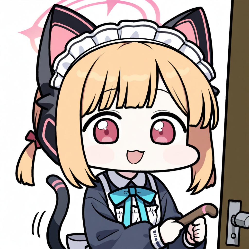 chibi,1girl,solo,upper body,,momoi \(maid\) \(blue archive\),blue archive,animal ear headphones,animal ears,fake animal ears,headphones,maid headdress,blonde hair,short hair,halo,cat ear headphones,cat tail,tail,bow,pink halo,pink eyes,twintails,red eyes,fake tail,blue bow,peeking_out, door, open mouth, holding, smile, looking at viewer, open door, :d, peeking, motion lines, simple background,,white background,simple background,<lora:JazzJack_noob1:1>,