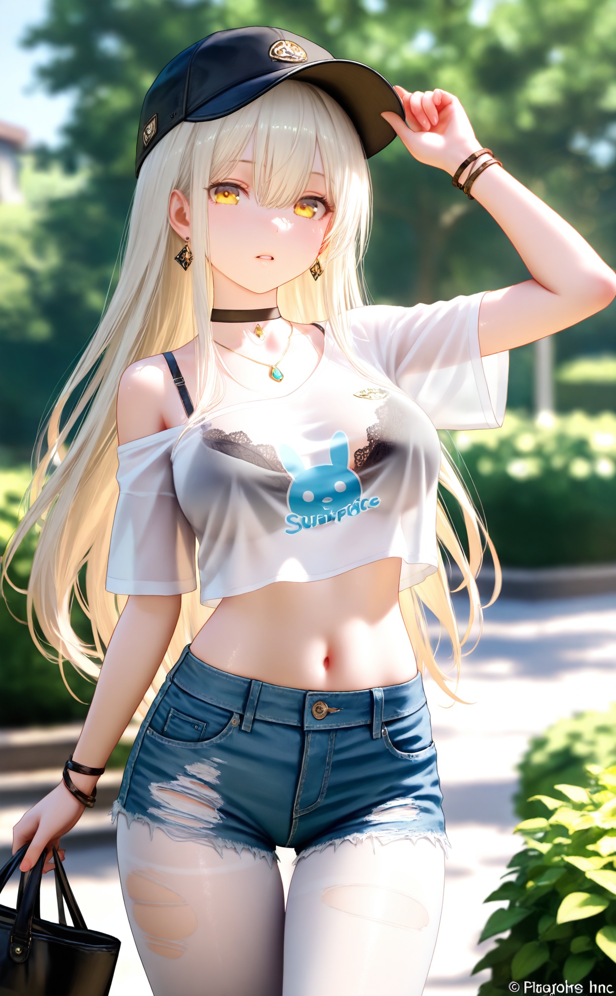 masterpiece,very aware,highres,absurdres,newest,best quality,high quality,loli,petite,chromatic_aberration,Light Blue Theme,lens_flare,//,jewelry,1girl,denim,denim shorts,shorts,solo,cutoffs,long hair,shirt,navel,earrings,pantyhose,choker,blurry,bra,black bra,hat,midriff,torn clothes,blurry background,baseball cap,crop top overhang,outdoors,looking at viewer,parted lips,crop top,breasts,underwear,black choker,white shirt,short shorts,off shoulder,off-shoulder shirt,necklace,torn pantyhose,black headwear,cowboy shot,bracelet,depth of field,blue shorts,holding,torn shorts,bag,arm up,day,blonde hair,stomach,hand on headwear,yellow eyes,cropped shirt,lace trim,hair between eyes,white pantyhose,bra strap,short sleeves,nail polish,standing,wristband,bare shoulders,tree,thigh gap,large breasts,lace-trimmed bra,pantyhose under shorts,artist name,collarbone,white hair,medium breasts,bra peek,bush,very long hair,bra visible through clothes,holding bag,print shirt,//,//,official art,depth of field,detailed light,blurry background,best shadow,shiny skin,cinematic lighting,ray tracing,amazing quality,very aesthetic,absurdres,beast quality,ultra detailed,newest,8K,HDR,