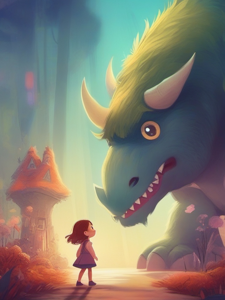A little girl is standing in front of a giant monster.,  illuillustration by microlight on Tensor.Art