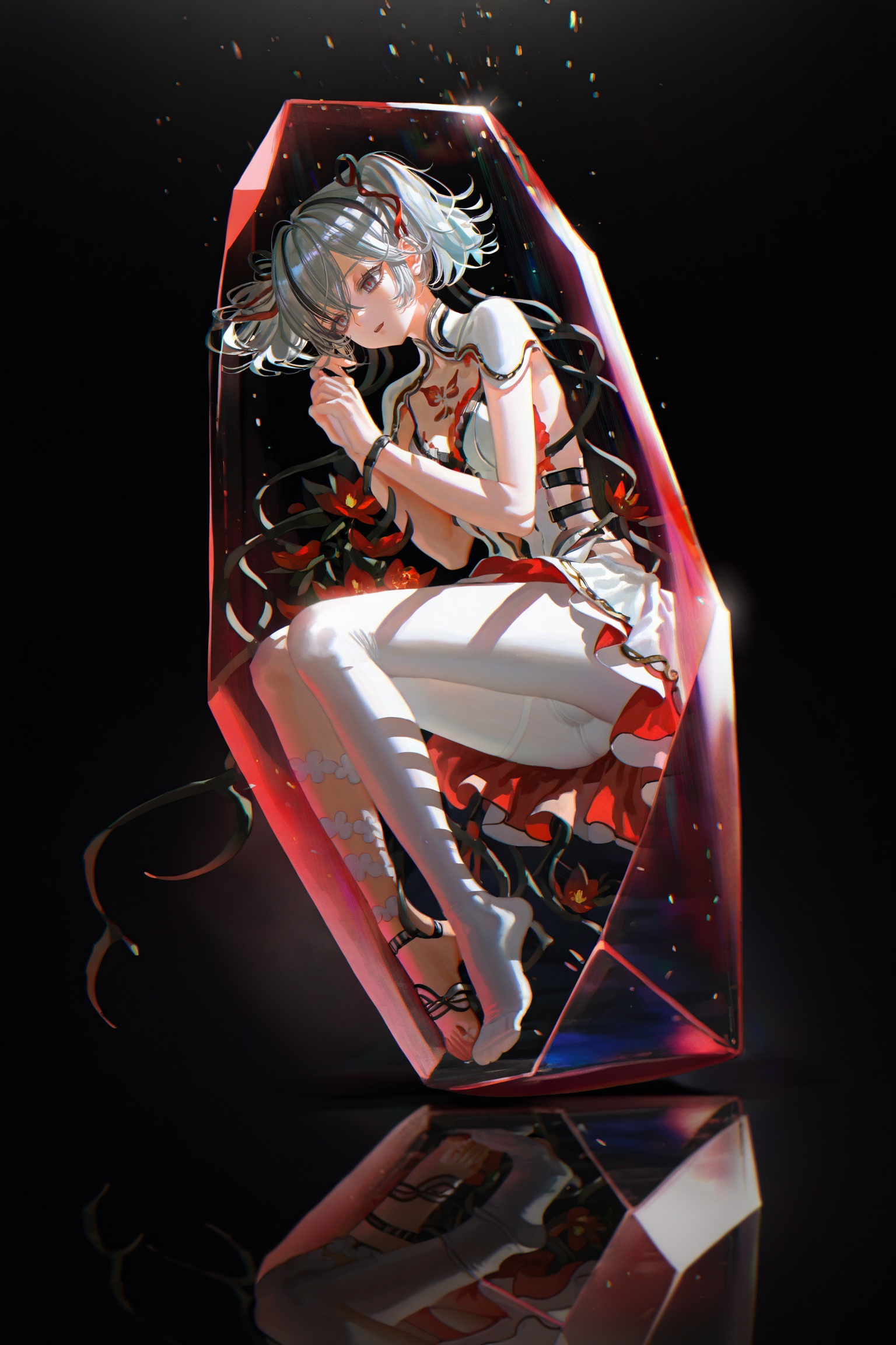 artist:nixeu,artist:john kafka,artist:wanke,artist:fuzichoco,artist:quasarcake,lonesomnia,original,highres,<lora:jijia-gnoobv-Tanger-000010:0.7>,jijia,2d,anime,1girl,1girl,black_background,closed_eyes,fetal_position,frutiger_aero,shadow,solo,transparent trapped,full_body,trapped in crystal,<lora:chun-noob-Tanger-000013:0.8>,chun,white chun-def dress,1girl,red floral tattoo on chest,breasts,twintails,multicolored hair,grey hair,grey eyes,dress,white single pantyhose,