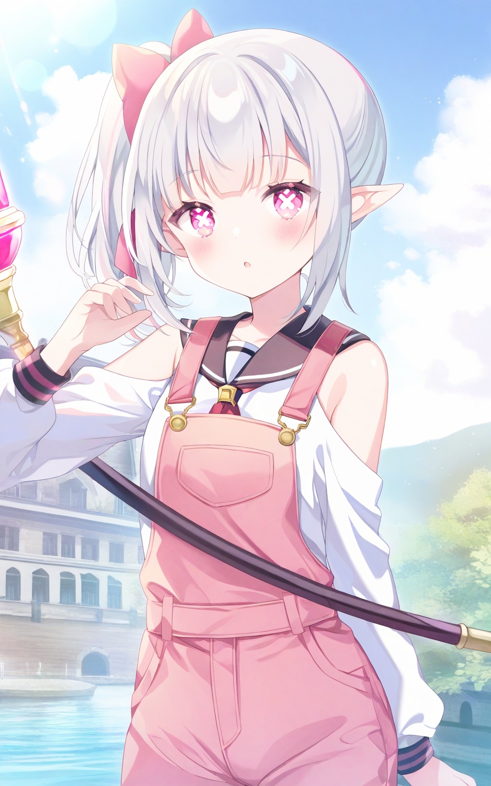 O,Noyu,Torino,0,Spring couplets,red envelopes,1girl,solo,bishoujo,elf,white_skin,shiny_skin,fair_skin,oil,slender,white hair,silver hair,streaked hair,ponytail,Side ponytail,short ponytail,elf ears,pointy_ears,pink eyes,pink eyeshadow,glowing_eye,water_eyes,x-shaped_pupils,bare shoulders,narrow_waist,magical_girl,school_uniform,sailor,maid,overalls,