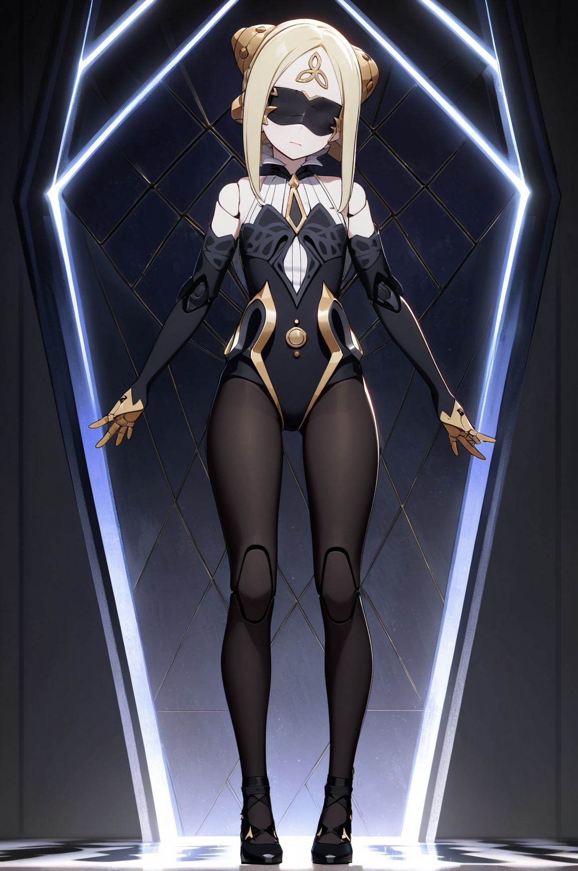 1girl, full body, best quality, high detail, <lora:qianren-A3-Tanger-000010:0.7>, qianren, qianren's def clothes, 1girl, blindfold, blonde hair, pantyhose, joints, black shoes, Confident, stunning figure, head high, eyes sparkling, magnetic presence, commanding attention, self-assured, charismatic, captivating., dynamic pose, extreme aesthetics, art photography, film lens, film light and shadow, simple_black_background, black and white theme, Sense of coordination, sense of order, mathematics beauty, (cover design), (cover art), ((trim)), album_art, official art, (Master's work), chessboard, chess, white geometry, black geometry, reflection, crystal_art, pattern_design, creative, Mystery pattern, black crystal decorate, black crystal, (architectural art), ((geometric art)), pattern design, creative, ------, Low saturation, grand masterpiece, Perfect composition, film light, light art, 