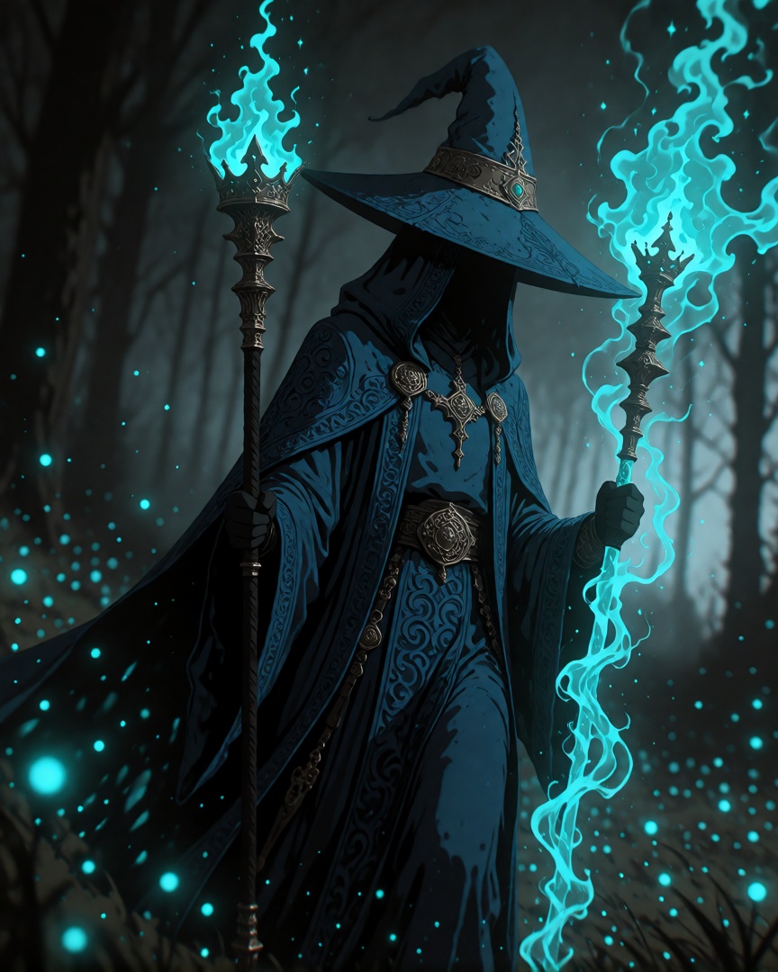 a mystical scene. The subject is a hooded figure dressed in a flowing,  dark blue robe with intricate,  ornate patterns on...