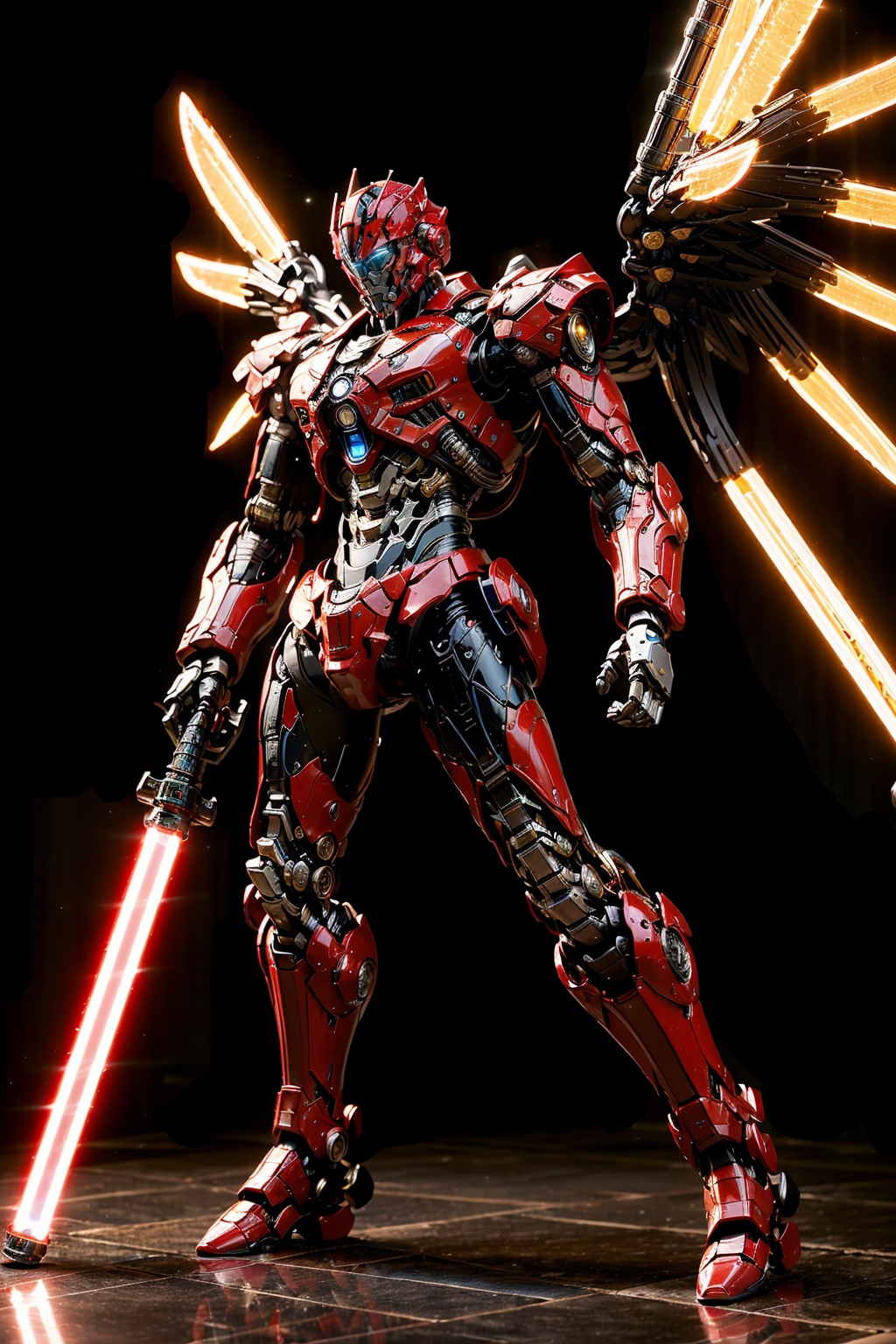 masterpiece,best quality,(highly detailed),1boy,strong,cyborg,(full body:1.3),day light,bright light,wide angle,black background,<lora:hjyrobo5-000010:0.7>,complex body,shining sparks,huge robot machinery wings,holding blue lightsaber,(red and black:1.3),front view