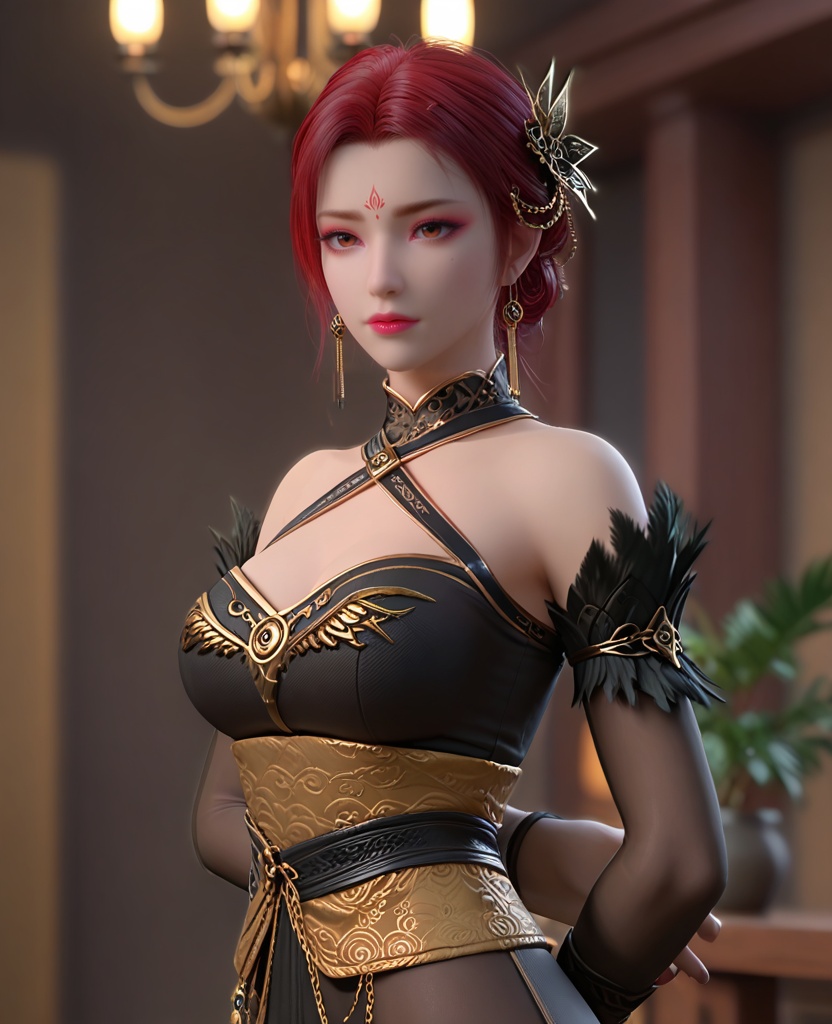 (oriental architecture, elegant decor, sophisticated style:1.1),(practicing Gymnastics:1.1),(breasts:1.2),<lora:XL斗破苍穹雅妃:0.8>,miss yafei,black halter dress,bare shoulders,red eyes,red lips,red eyeshadow,feathers trim,forehead mark,red hair,single hair bun,hair ornament,earrings,mesh of cleavage,sash,large breasts,makeup,black bridal gauntlets,floral print,black pantyhose,, score_9,score_8_up,score_7_up,score_6_up,score_5_up,score_4_up,3d rendering,tag1,tag2, Cinematic Lighting,backlighting,