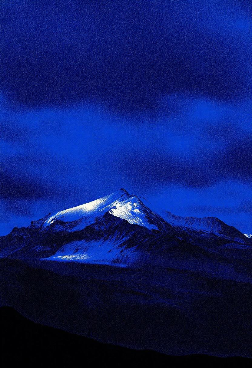 This is a digital artwork,  likely a filter-enhanced photograph or a stylized image,  featuring a dramatic mountain landsc...
