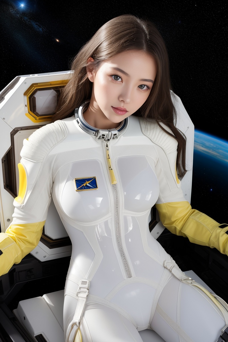 masterpiece, best quality, 1girl, translucent skin, yellow,"Victoria's Secret."  bodysuit, mechanical, cowboy shot, space, sitting, from above, large breasts, bone,（Spacesuit：1.8）  White 