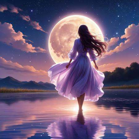 (masterpiece),(wallpaper), (best quality), (best illuminate, best shadow), (best illustration), dynamic angle,(+++a girl+++) is walking in front of a delicate and beautiful moon-blue sky, solo, from side, (Backlight), mid shot, (the beautiful and delicate girl:1.3), beautiful bare back, (detailed face:1.2), (long floating hair:1.2), (beautiful long dress:1.2), floating dress,the girl (walking) on surface of the water, Beautiful and delicate violet light water surface, reflective water surface,High saturation blue clouds and (stars sky) in the background, cold color