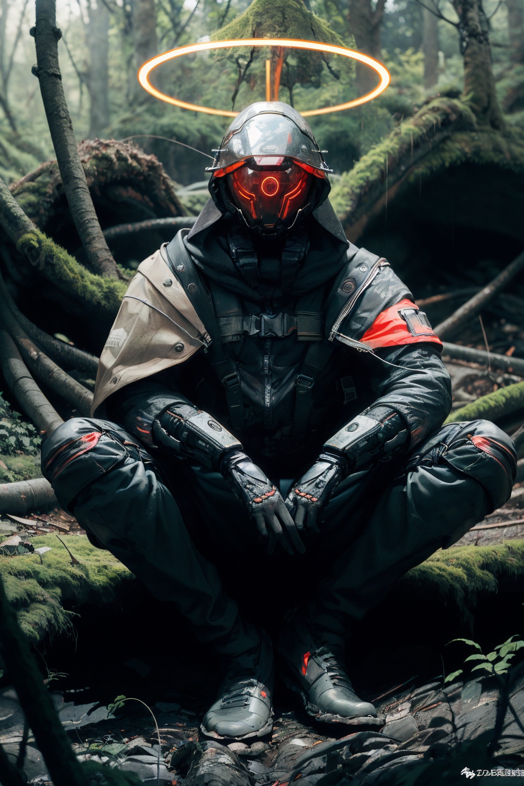 -sitting, 1boy, solo, halo, male focus, gloves, helmet, weapon, glowing, hood, 1other, pants, black gloves,<lora:Apocalypse Aso_20240119162949:1>,Apocalypse Aso,