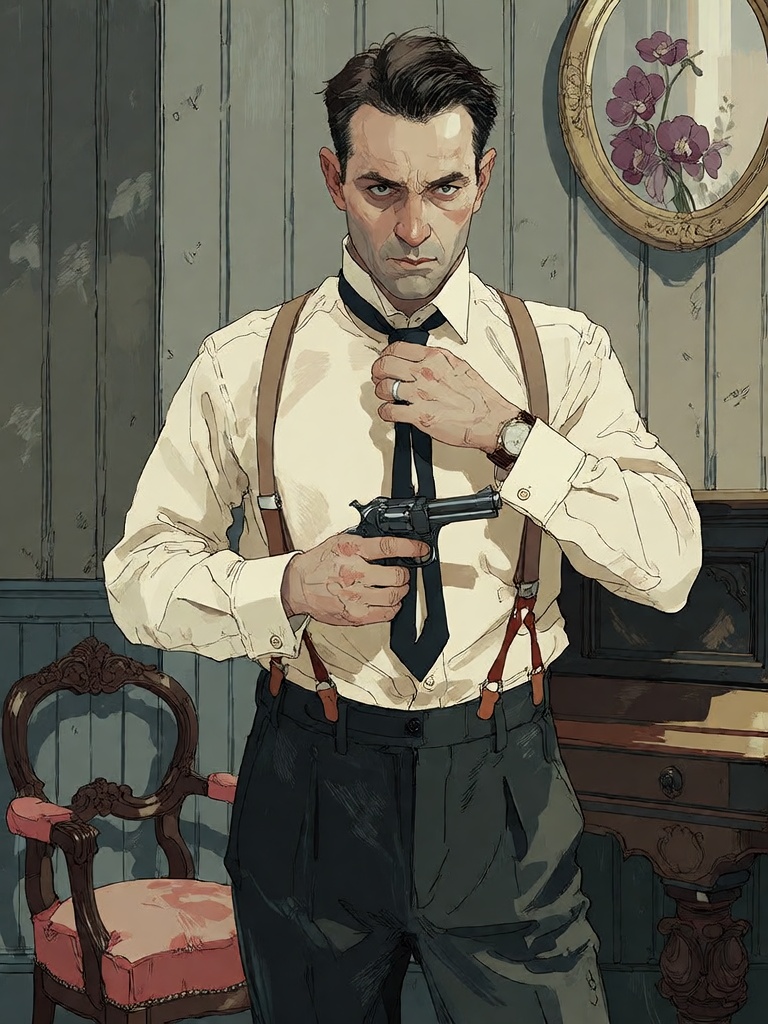 Bradhamel art style. A realistic oil painting of a middle-aged Caucasian man with dark hair and intense gaze,  standing in...